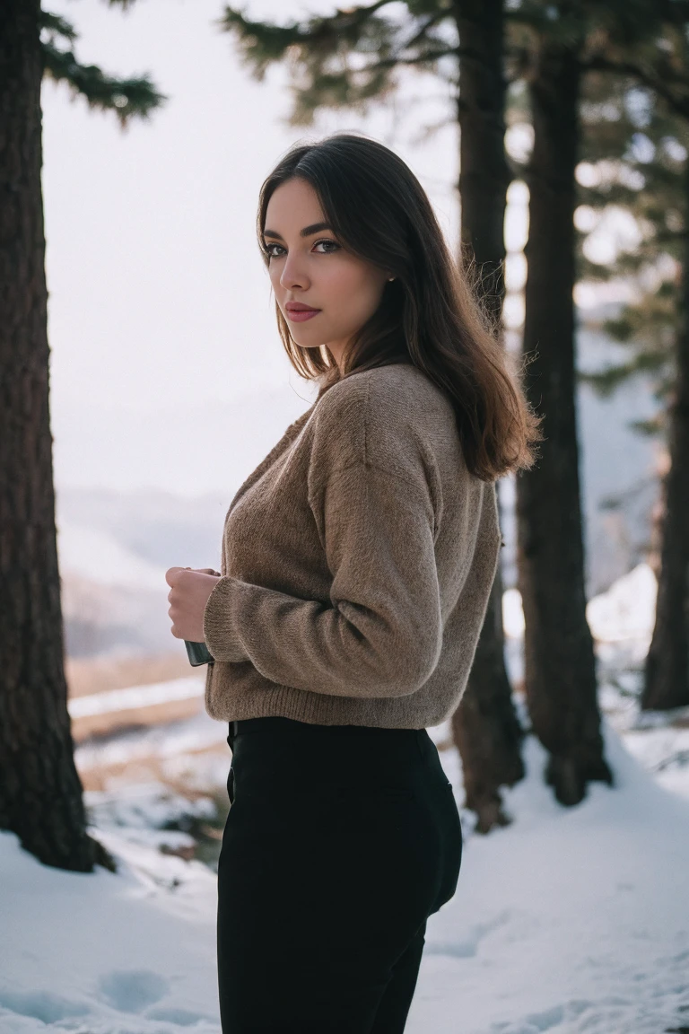 photo of Beautiful brunette woman standing in the snowy mountains with colorful, perfect lighting. Shot with Leica Summicron 35mm f2.0 lens on Kodak Portra 400 film.