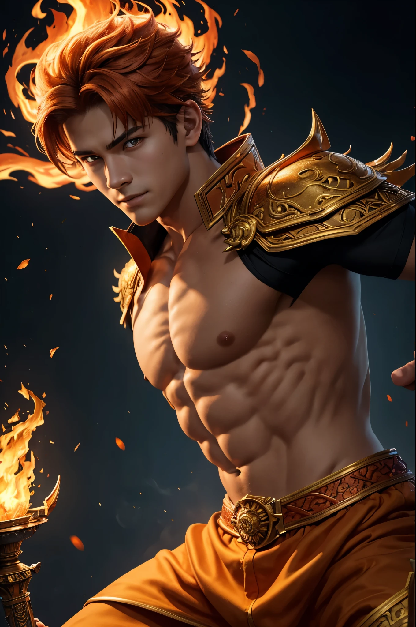 8K,A very young boy, the God of Fire, clothed in the energy of a 16-year-old.,Super handsome(Like the real thing),He looks at the audience with a fearless smile.,Orange Hair,Orange Flame Armor(Fire God Crest),Orange Flame Gauntlet(Fire God Crest),Orange Flame Leg Guards(Fire God Crest),Dark and desolate land,Photorealistic RAW photos of the highest quality。Bright colors,Rich colors, Backlight, Cinema Lighting, Film Grain, 50mm lens, Nikon D850,Realistic Skin,Fantasy art,Character Art,Ultra-high resolution,Realistic Skin,Extremely strong and defined abs,bulging muscles,A 16-year-old boy who is the god of fire,Golden Eyes,Black Flame God Outfit(Orange flame emblem filigree),