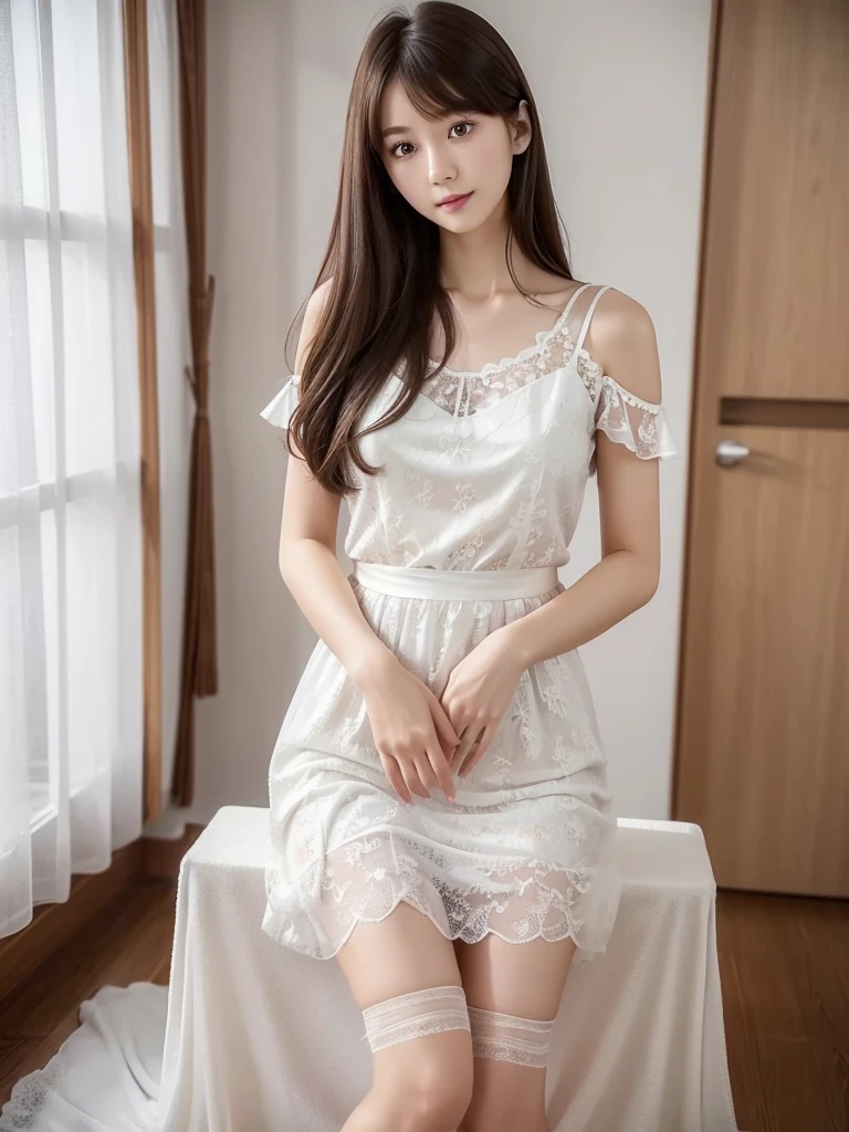 White Room、Vermilion floral lace chiffon dress、(Highest quality)、((Very detailed))、4K、(8K)、masterpiece、Very detailedな、Highest quality、Super Resolution、1 person、Kind Face、Soft Light、RAW quality、Soft Skin、163cm、30 years old、Thighs