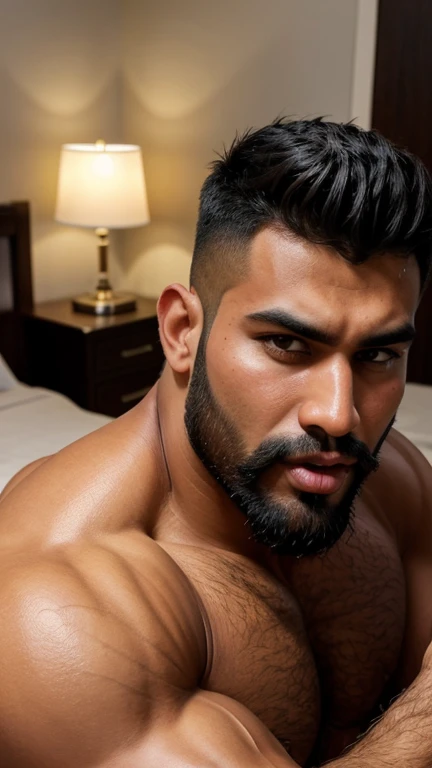 A sexy indian man wearing a tank top, penis,homoerotic, messy hair, detailed face and eyes, head to thighs on focus ,on a sofa, (handsome face ),nsfw, serious expression , angry expression 