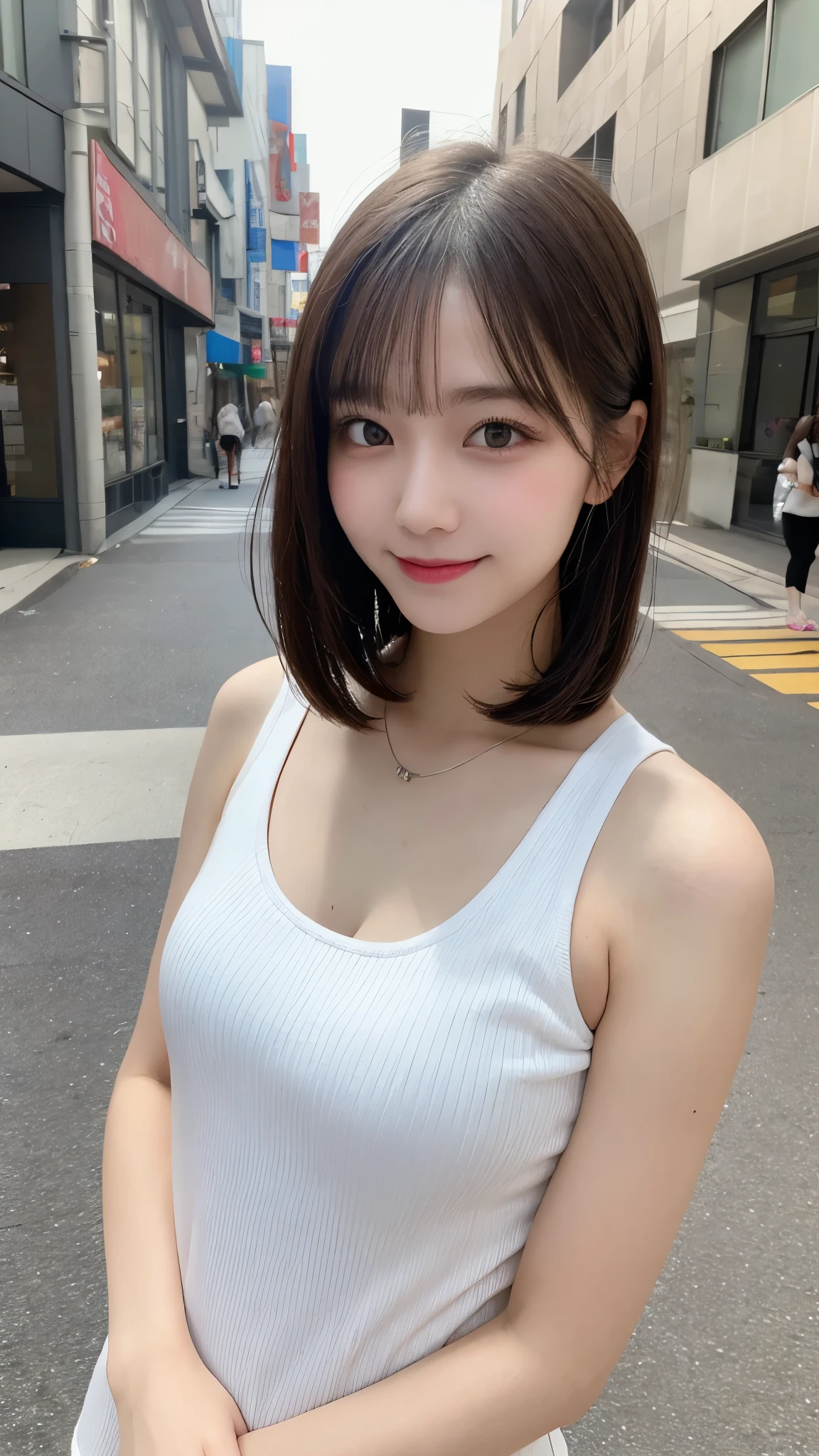 Tabletop, highest quality, shape, Very detailed, In detail, High resolution, 8k wallpaper, Perfect dynamic composition, Beautiful details, White tank top,Medium Hair, Center of chest, Natural color lip, Random sexy poses,smile,Aoyama Street Walk、20-year-old girl