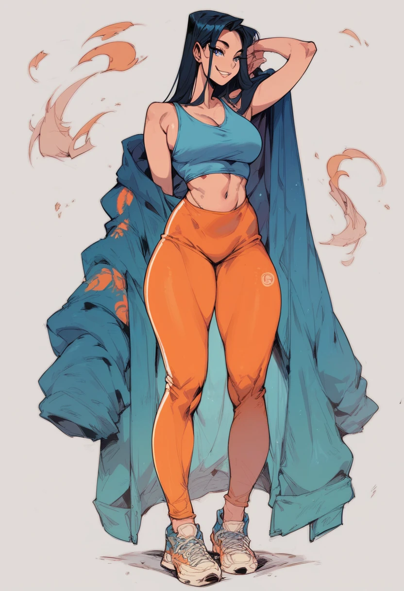 Score_9, Score_8_up, Score_7_up, 1 girl, black hair, blue eyes, curvy figure, smile, blue tank top, orange yoga pants, belly button, big bust, sneakers, standing, simple background, White background,