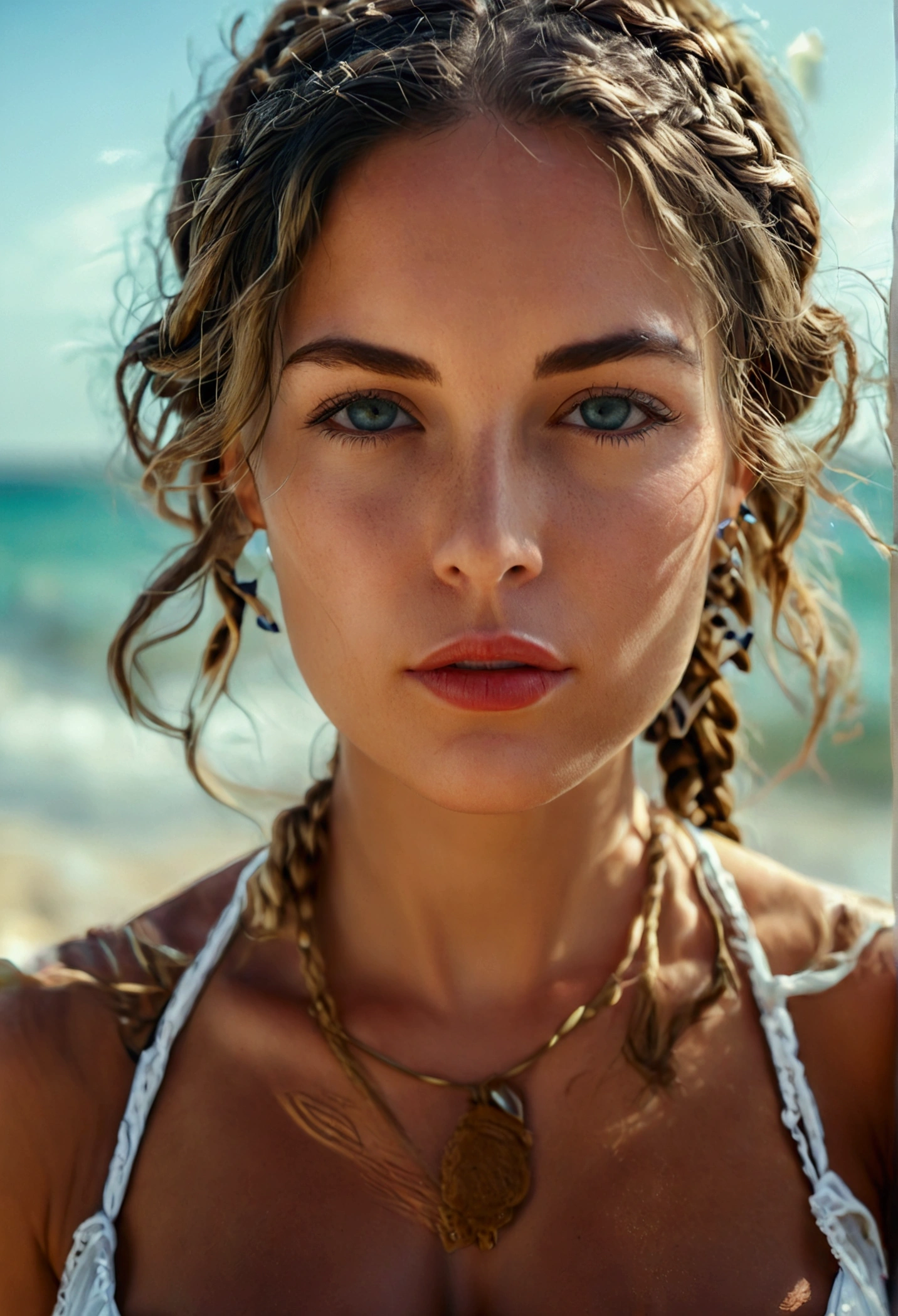 selfie, taken with top quality iphone camera, in 8K, masuter work, lifelike, Sharp Focus, high quality, high resolution, Detailed face, Detailed eyes, Thick lips, (beach lingerie), solo, Middle aged woman, Beautiful Woman, 35 years old, curvy, Hair in two braids, cleavage, beach background