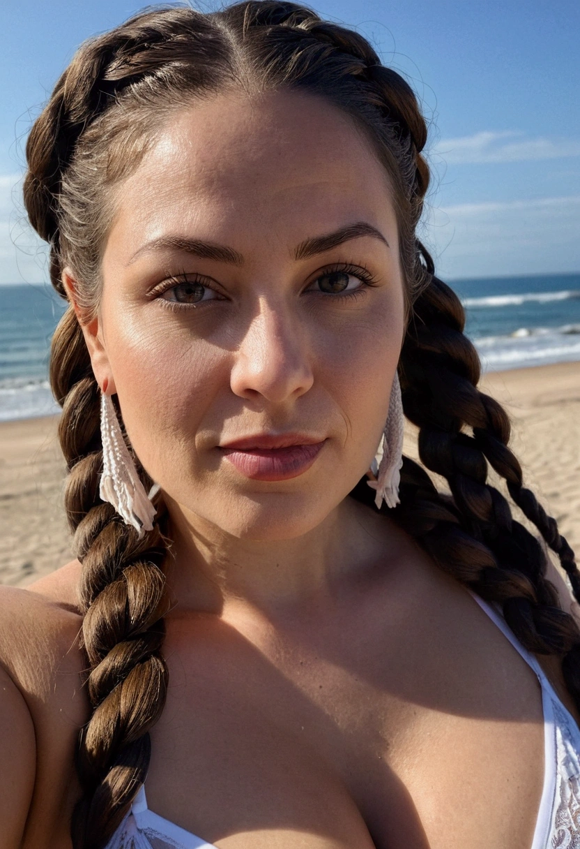 selfie, taken with top quality iphone camera, in 8K, masuter work, lifelike, Sharp Focus, high quality, high resolution, Detailed face, Detailed eyes, Thick lips, (beach lingerie), solo, Middle aged woman, Beautiful Woman, 35 years old, curvy, Hair in two braids, cleavage, beach background