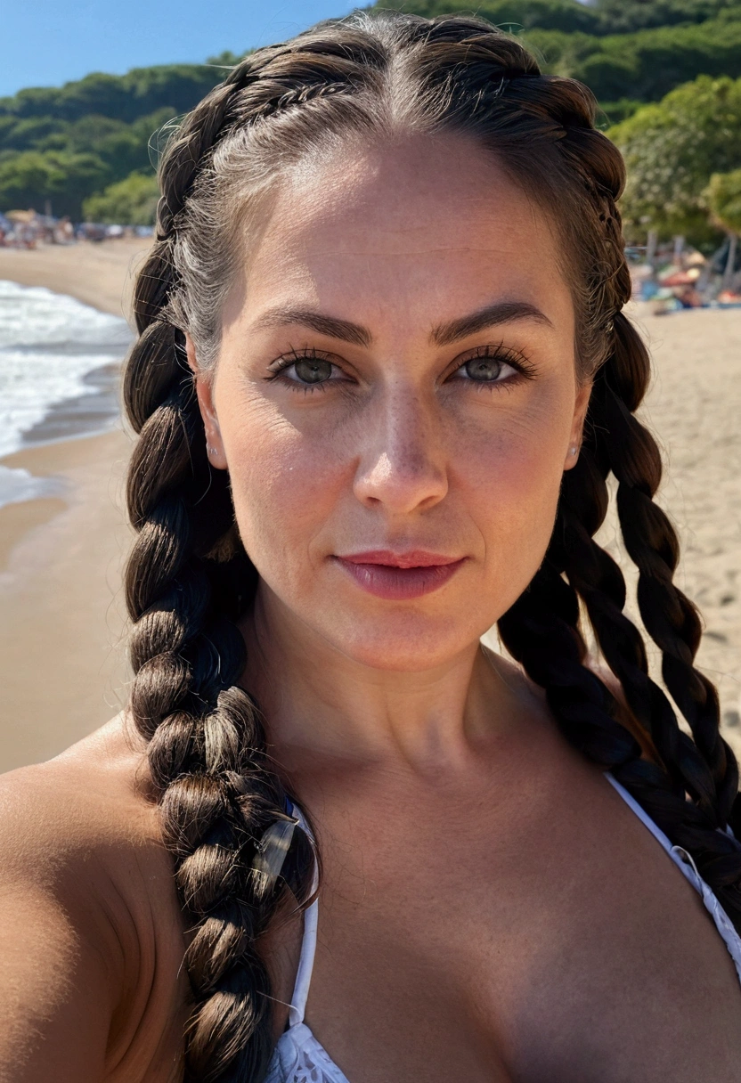 selfie, taken with top quality iphone camera, in 8K, masuter work, lifelike, Sharp Focus, high quality, high resolution, Detailed face, Detailed eyes, Thick lips, (beach lingerie), solo, Middle aged woman, Beautiful Woman, 35 years old, curvy, Hair in two braids, cleavage, beach background