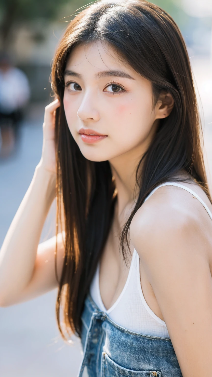 ((Best quality, 8K, masterpiece:1.3))，1girl，18 years old，Asian，Real texture:1.3，(Background blur:1.1)，Dress Up，Tall and slender figure:1.2，(Hot summer weather)，（street:1.3），Highly detailed face and skin textures，Exquisite eyes，Long eyelashes，Double eyelids，Skin Whitening，happy，Various postures，Big breasts