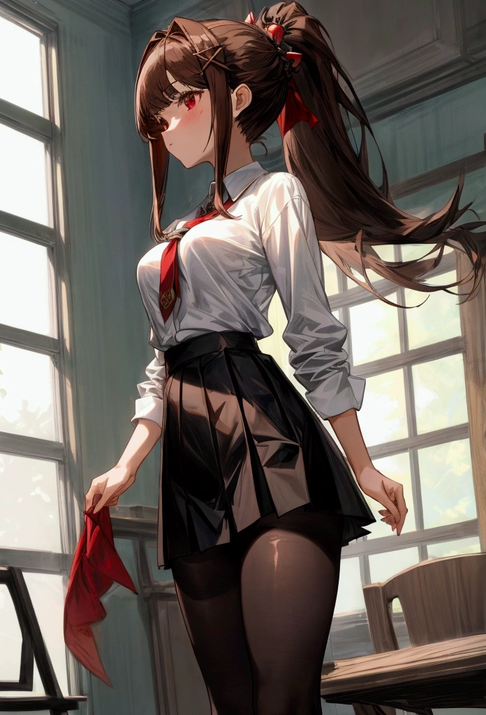 , 1girl, masterpiece, long hair, ponytail, medium breasts, anime, , anime screencap, indoors, long bangs, hair ornament, white shirt, black pantyhose, black skirt, red eyes, dark brown hair, thighs, intricate shirt, 