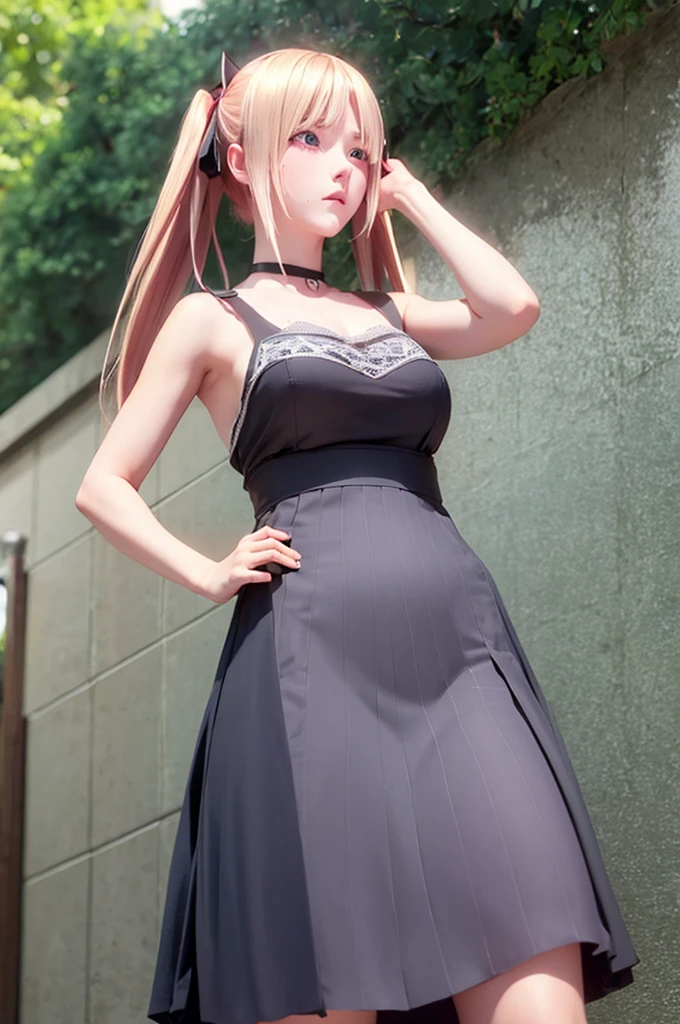 One girl,masterpiece,Highest quality,Blonde,stockings,Checked skirt),Short skirt JK,,Are standing,In total length,Medium chest,Very detailed,[[Realistic]],Beautiful and attractive anime teen,Enchanting anime girl,Swinging skirt,blue eyes, hair ornaments, Hair Ribbon,Show your forehead、Twin tails、Random color girls 、Lace choker, short hair,,No bra,,Very detailed肌, Very detailed顔, (Beautiful Fine Eyes, the girl, Red cheeks) ,The girl has a toned figure., Intricate details,Closely、Embarrassed expression、blush、Shining Sweat、Perfect Skin,Sweat is noticeable in the cleavage、、Sweating on thighs is noticeable、 Fair skin,Tight waist, Sweating profusely、Sweaty hair、Sweaty clothes、Sweaty、Visible sweat、Sweat-soaked hair、Athlete System、cherry blossoms、Blonde、Silver Hair、
