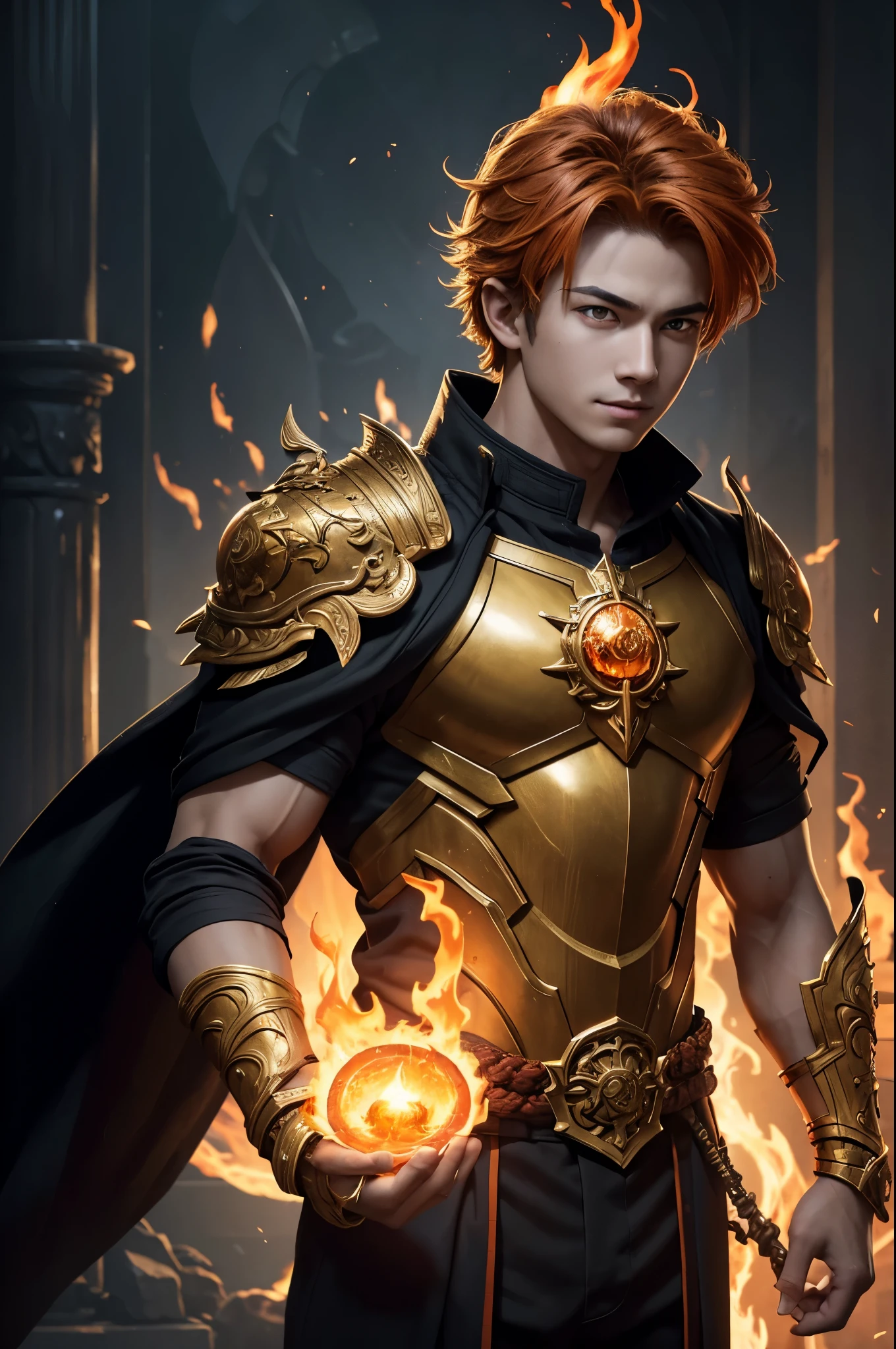 8K,A very young boy, the God of Fire, clothed in the energy of a 16-year-old.,Super handsome(Like the real thing),He looks at the audience with a fearless smile.,Orange Hair,Orange Flame Armor(Fire God Crest),Orange Flame Gauntlet(Fire God Crest),Orange Flame Leg Guards(Fire God Crest),Dark and desolate land,Photorealistic RAW photos of the highest quality。Bright colors,Rich colors, Backlight, Cinema Lighting, Film Grain, 50mm lens, Nikon D850,Realistic Skin,Fantasy art,Character Art,Ultra-high resolution,Realistic Skin,Extremely strong and defined abs,bulging muscles,A 16-year-old boy who is the god of fire,Golden Eyes,Black Flame God Outfit(Orange flame emblem filigree),