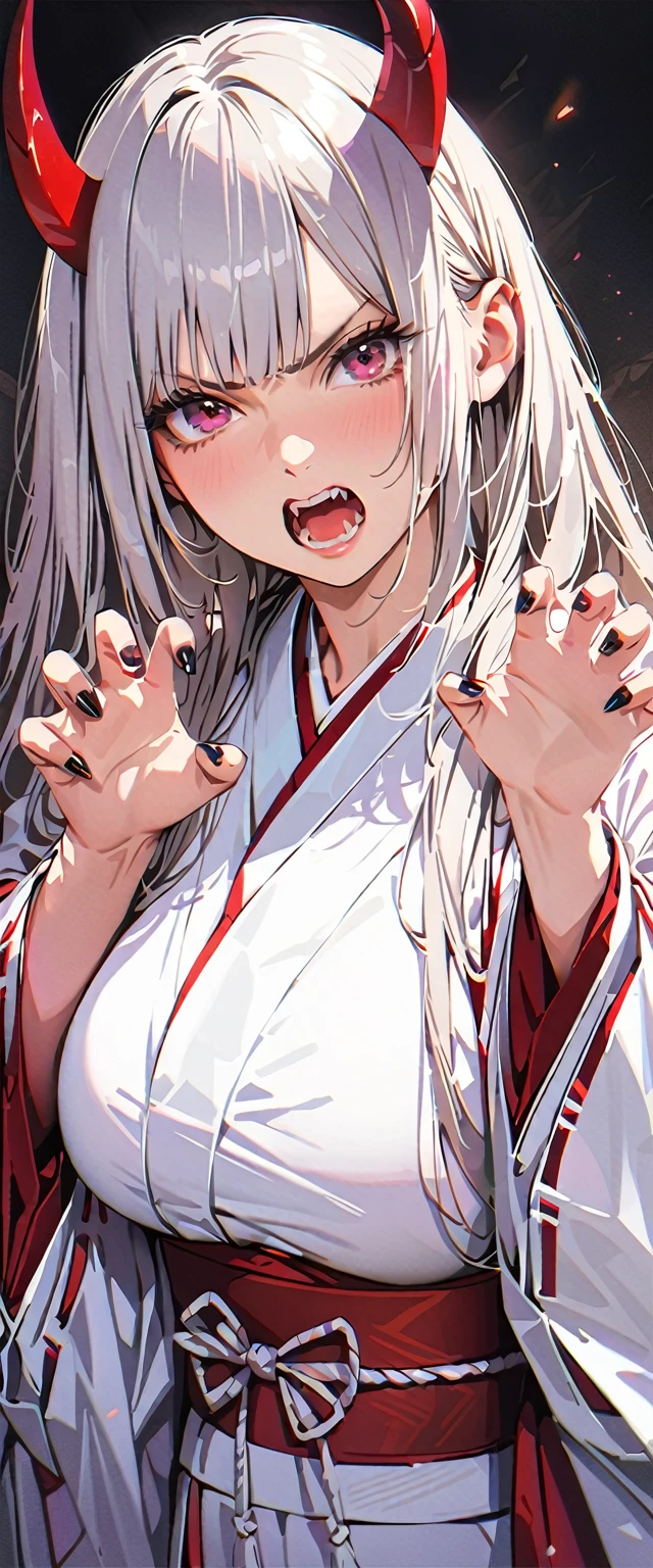 one girl, Shirakami Fubuki, fox ears, white hair, yukata, fellatio gesture