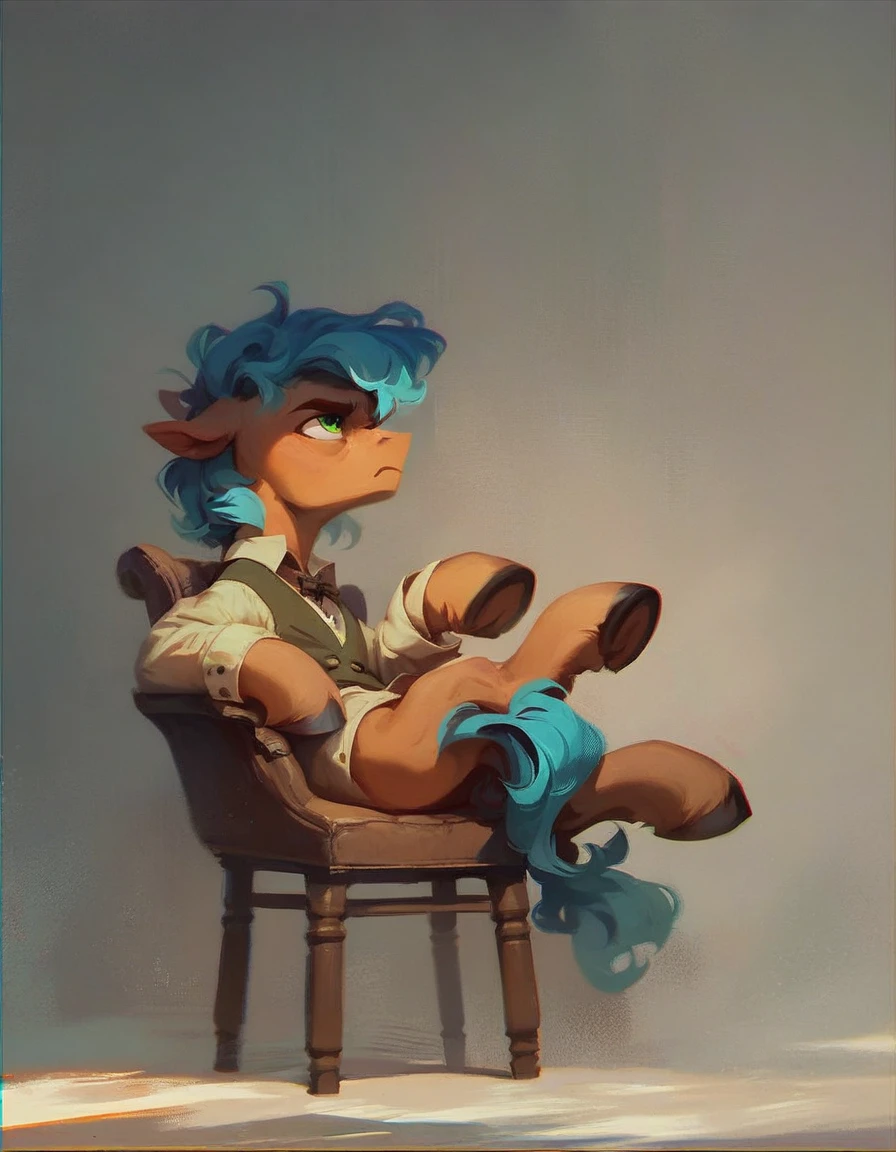 a stern stallion sits in a chair, looking straight, hoof on hoof