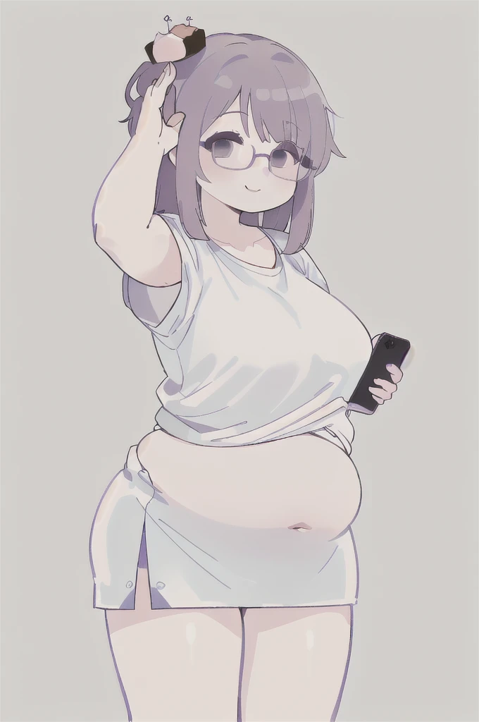 A woman wearing a short skirt is holding a cell phone, Tsk tsk, She has a jiggly, fat, round belly, , brother, big tummy, her belly is fat and round, Fat Chan, thick body, Tsk tsk build, (SFW) safe for work, brother proportions, Short full-length portrait!,,(big bust:1.5), (Black eyes with a slight purple tint:1.5), (Very white and long hair with a bluish tint, weak perm:1.5), (white sleeves wrapped around arms, oversized white shirt, oversized white shirt:1.5), (bare foot, round-rimmed glasses:1.5), (Belly Fat, muffin top, plump:1.5), (smiling faintly:1.5),
