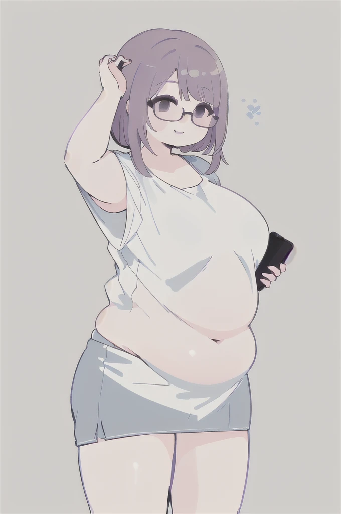 A woman wearing a short skirt is holding a cell phone, Tsk tsk, She has a jiggly, fat, round belly, , brother, big tummy, her belly is fat and round, Fat Chan, thick body, Tsk tsk build, (SFW) safe for work, brother proportions, Short full-length portrait!,,(big bust:1.5), (Black eyes with a slight purple tint:1.5), (Very white and long hair with a bluish tint, weak perm:1.5), (white sleeves wrapped around arms, oversized white shirt, oversized white shirt:1.5), (bare foot, round-rimmed glasses:1.5), (Belly Fat, muffin top, plump:1.5), (smiling faintly:1.5),