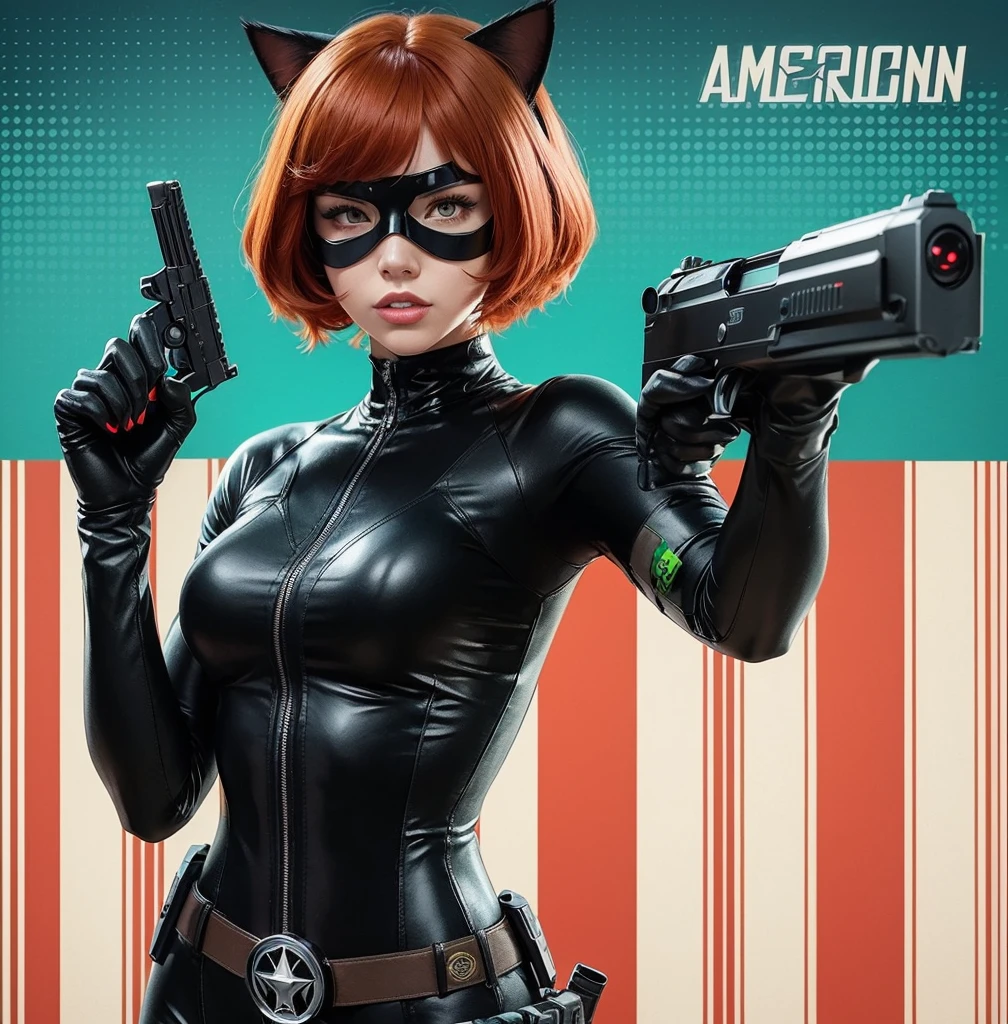 American classic comics: Agent woman, short reddish orange red hair with bangs, cat ears, tight black agent spy outfit, black hero mask, black tight leggings, neon turquoise green nails, martial arts, holding a revolver, secret espionage, black window outfit, feline nails, super secret agent, super hero classic comics.