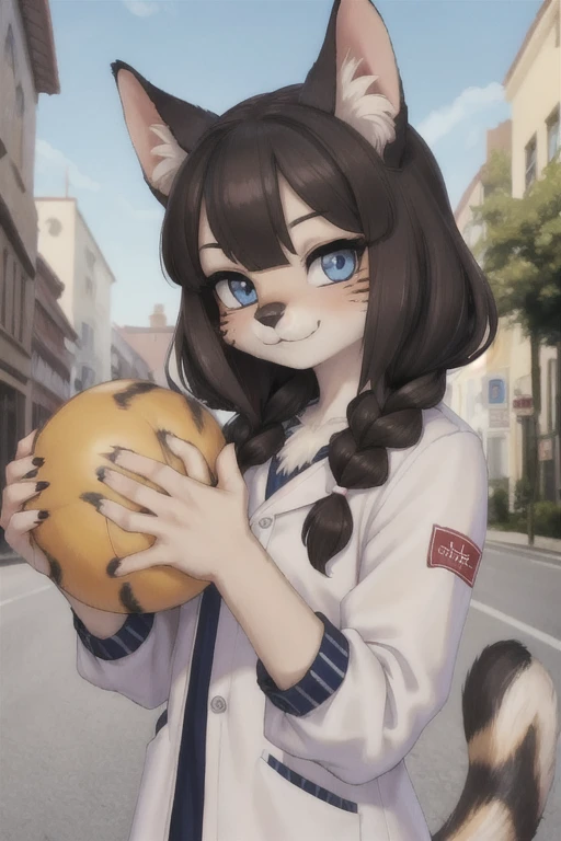 (Nothing), ((masterpiece)) , ((Highest quality)), shape, margay型獣人, Furry, margay, Animal ears, tail, Body hair, One Girl, throw, Upper Body, One Girl, alone, Perfect hairstyles, Dark brown hair, There are black streaks in the hair, *//*, blue eyes, *//*, Street Style, View your viewers, smile,