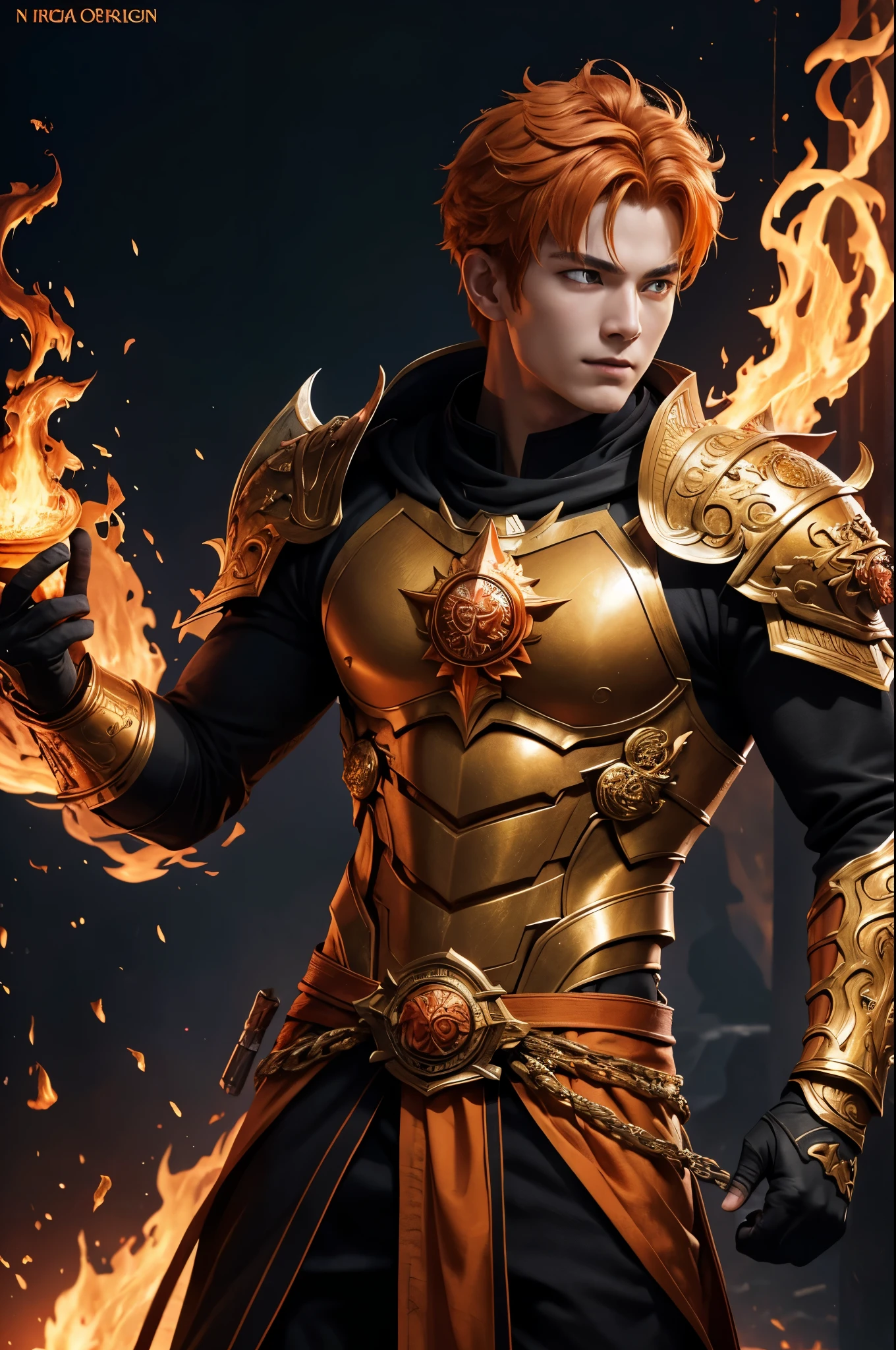 8K,A very young boy, the God of Fire, clothed in the energy of a 16-year-old.,Super handsome(Like the real thing),He looks at the audience with a fearless smile.,Orange Hair,Orange Flame Armor(Fire God Crest),Orange Flame Gauntlet(Fire God Crest),Orange Flame Leg Guards(Fire God Crest),Dark and desolate land,Photorealistic RAW photos of the highest quality。Bright colors,Rich colors, Backlight, Cinema Lighting, Film Grain, 50mm lens, Nikon D850,Realistic Skin,Fantasy art,Character Art,Ultra-high resolution,Realistic Skin,Extremely strong and defined abs,bulging muscles,A 16-year-old boy who is the god of fire,Golden Eyes,Black Flame God Outfit(Orange flame emblem filigree),