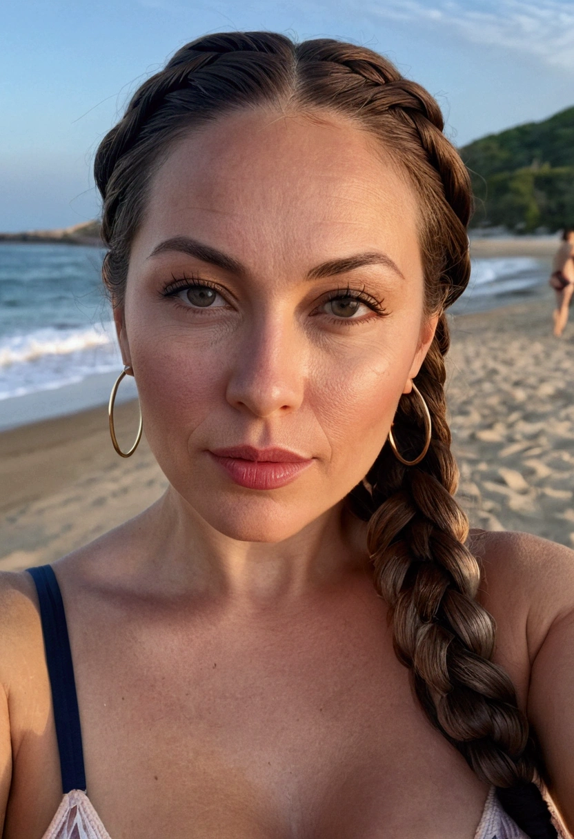 selfie, taken with top quality iphone camera, in 8K, masuter work, lifelike, Sharp Focus, high quality, high resolution, Detailed face, Detailed eyes, Thick lips, (beach lingerie), solo, Middle aged woman, Beautiful Woman, 35 years old, curvy, Hair in two braids, cleavage, beach background