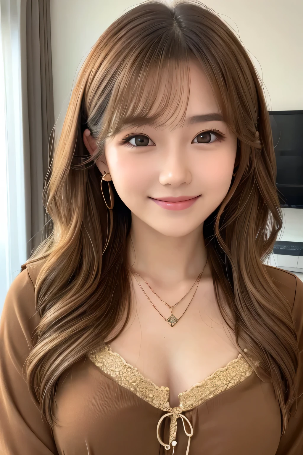 young woman、Light brown hair、、Wavy Hair、ear piercing、Necklace around the neck、blouse、Emphasize the chest、smile、Intricate details, Very detailed:1.2), 、 Looking into the camera、The background is the office

