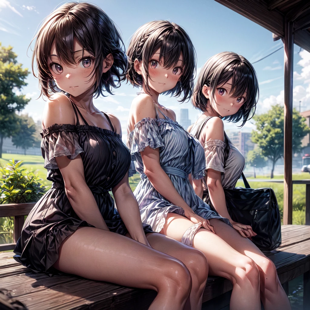 The background is in the style of Makoto Shinkai, with the viewer sitting in nature under a clear blue sky.。
A woman wearing an off-the-shoulder dress。
The color of the dress is white。
A sexy, mature atmosphere reminiscent of Minato Ward girls。
Hair is straight。
