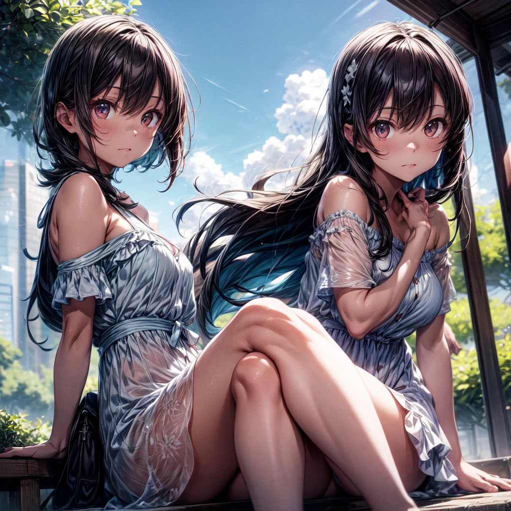 
The background is in the style of Makoto Shinkai, with the viewer sitting in nature under a clear blue sky.。

A woman wearing an off-the-shoulder dress。

The color of the dress is white。

A sexy, mature atmosphere reminiscent of Minato Ward girls。

Hair is straight。