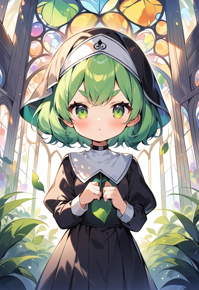 (loli:1.4),(little female child:1.4), cute face, 6 years old,kawaii, (highlight on eyes:1.1), small breast, (jiggly:0.8), shiny skin,(mini girl:1.5),
BREAK
(green maro eyebrows:1.3), :<, (jitome:1.1),pouty and slightly grumpy,(medium green hair:1.2),pout,disgusted eyes, green eyes, puffy eyes,
BREAK
breathtalking Scenery, breathtalking Beauty, breathtalking Cute,scenery, (best quality, masterpiece:1.2), (ultra high quality:1.2),smooth soft skin, natural skin,watercolor,
BREAK
floral point black nun dress, nun veil,choker,excessive detailed collarbone,bare collarbone, long hem,wide shot,long shot,
BREAK
(stain glass inspired by leaf mark), (rose shaped stained glass),(music note effect fused with stained glass),(multi-layered grass shaped stained glass),(heart shaped Church windows),nature theme,(Giant stained glass leaf),(Multiple stained glass musical note),Atrium structure,ceiling,tiffany,dust particles,