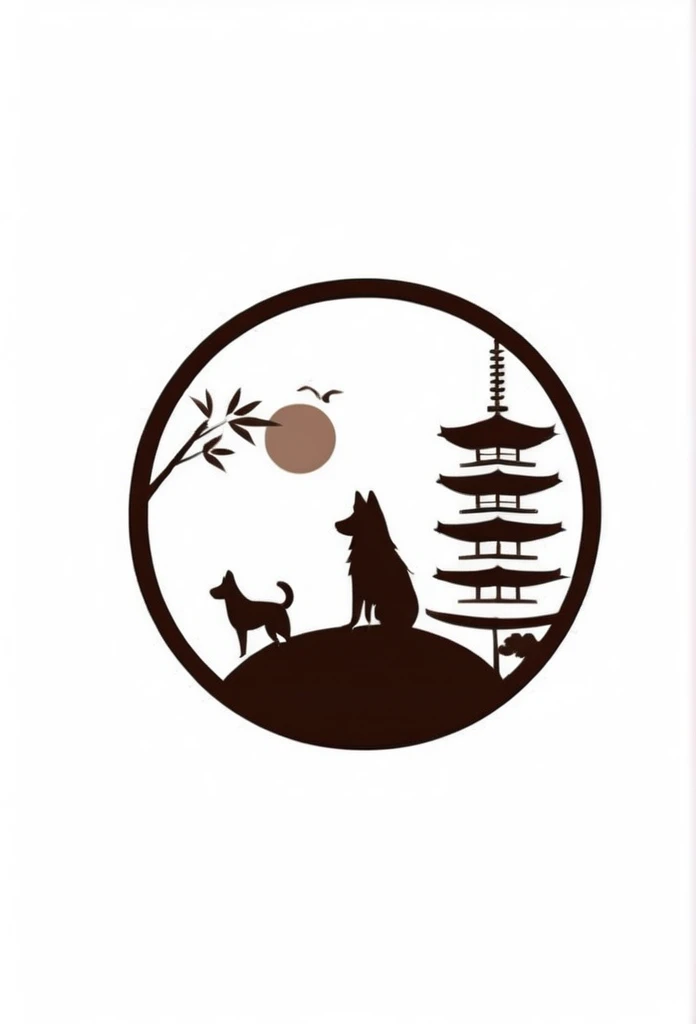 Fashionable logos of temples in Japan

White background
A dark brown-and-white design that is close to white and brown
circle-shaped logo

Inside the circle-shaped logo, a cute Japanese lawn dog is painted small with only a silhouette
small scorched bamboo bushes, pine trees, and bamboo leaves are depicted
Clean and stylish,

Pretty cool
chic and modern design

White background