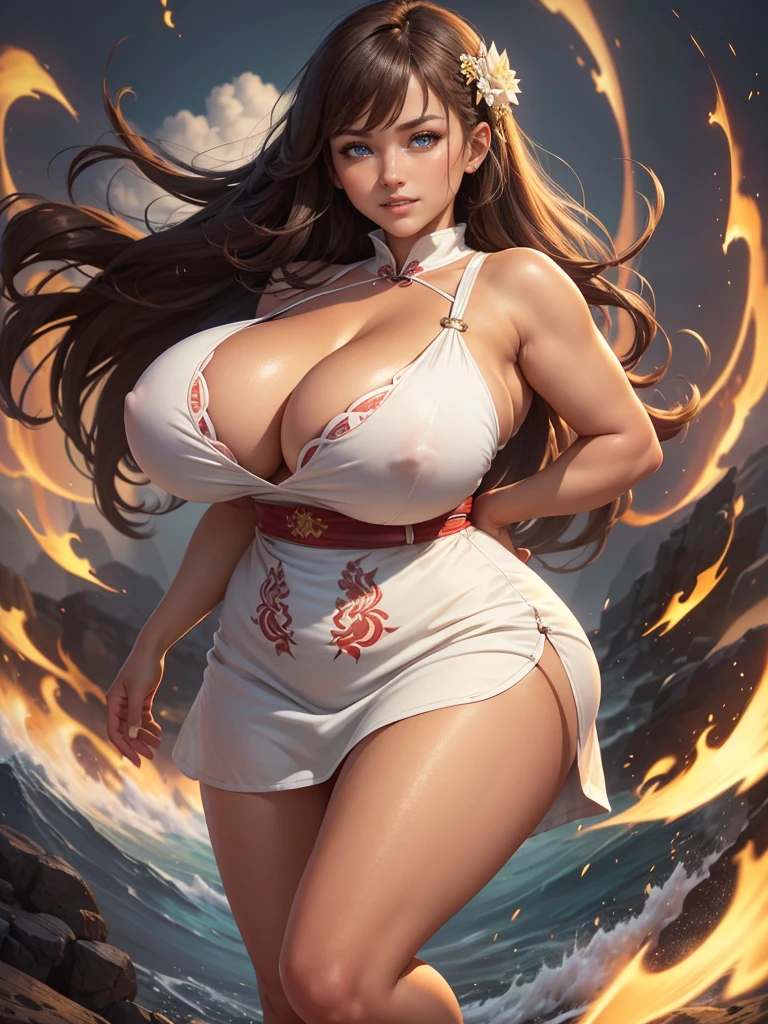 Highly detailed CG unit 8K wallpaper, masterpiece, High resolution, highest quality, highest quality real texture skin, Super Real, Digital Painting, Best image quality, 最High resolution, 8K, (((1 girl))), Very beautiful ager, ((Highly detailed eyes and face)), Beautiful eyes in every detail, Full Body Shot, breast pocket, collared dress, short dress, short sleeves, thighs, white dress, chinese style embroidery, disproportionate breasts, huge breasts, ((sagging breasts ,gigantic breasts, Cleavage:1.5, curvy, erect nipple, ,((tanned skin)), smile, grin, Strong winds, typhoon, light brown hair,