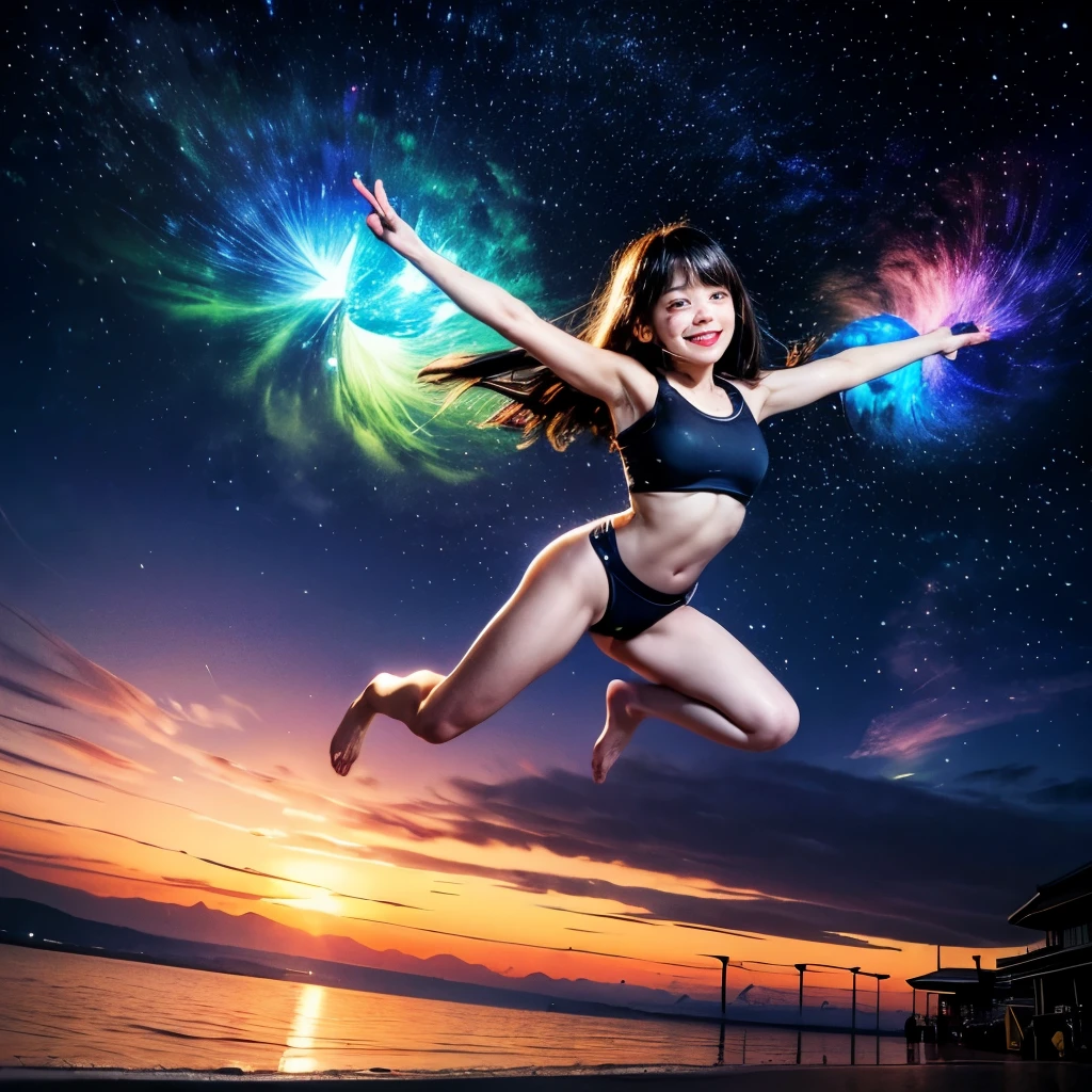 ((ExtremelyDetailed ( KAWAII Girl flying with Jet blade:1.37) in WHITE at Dusk Enoshima Beach)), (masterpiece 8K TopQuality) (ProfessionalPhoto:1.37), {(Standing Full Body:1.2)|(from below:1.2)}, Different types of hair colors, {(White skinny(School Swimwear))|(SchoolUniform)}, {Detailed Childish hand|Hidden hand|Armpit|Different types of breasts of various sizes from HUGE to FLAT|(Clearly Visible the shape of Butt)}, Joyful Expressions LifeLike Rendering, PerfectLighting, Dazzling RainbowColorHorizon, (Starry IridescentParticles:1.32) ColorfulClouds