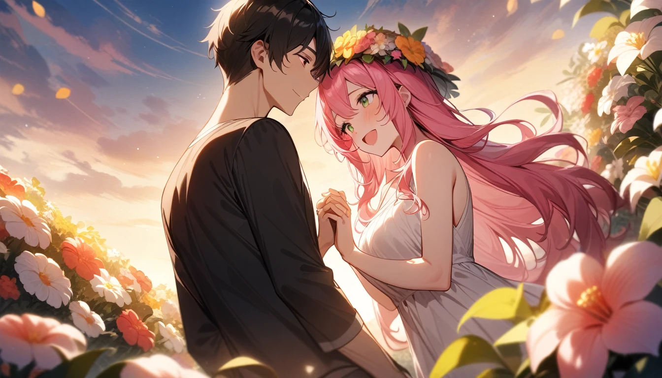 (couple), girl and boy, 1girl, (girl with red eyes, vibrant pink long hair, flower hat), 1boy, (boy with green eyes, short black curly hair), intimate, rich in detail, happy expression, love, long shot, flower garden, wide angle, (masterpiece, best quality, aesthetic, heavenly)