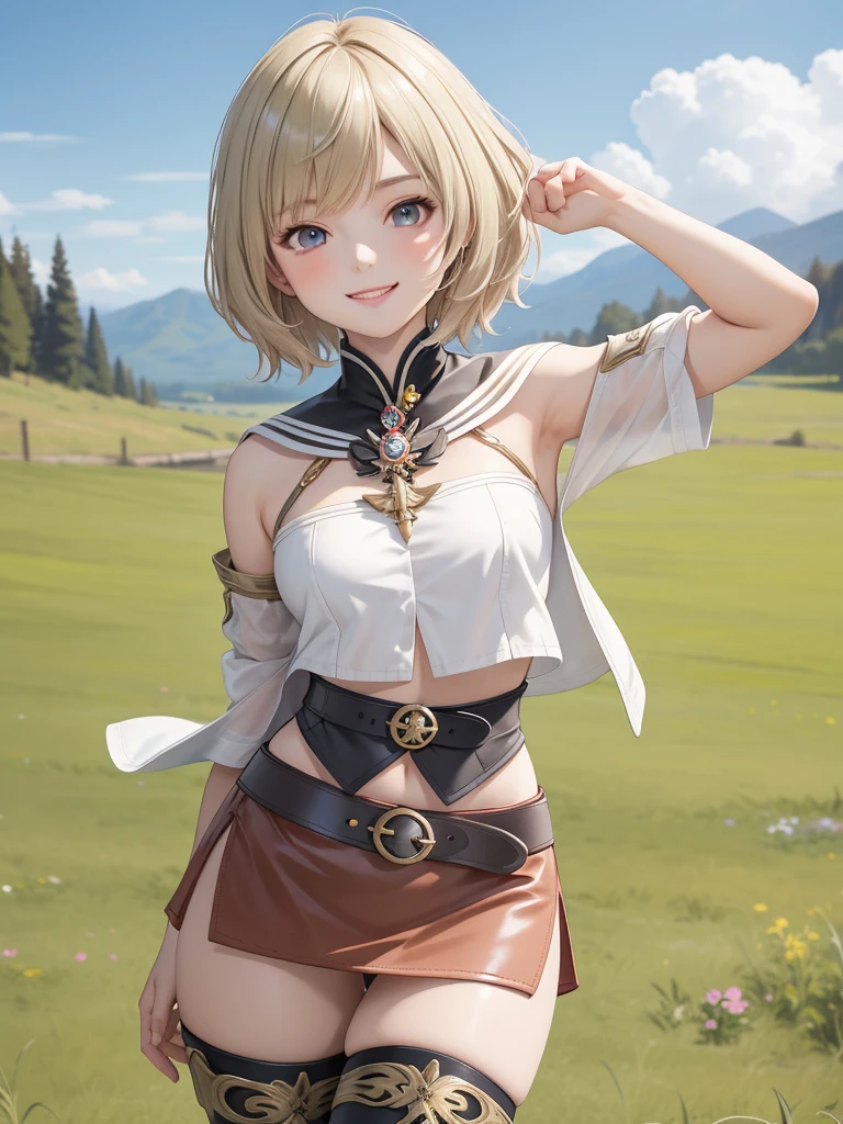 masterpiece, best quality, absurdres, perfect anatomy, (1girl, solo), Ashelia, short hair, AsheliaOutfit, miniskirt, thighhighs, jewelry, belt, standing, cowboy shot, smile, dynamic pose, dynamic angle, outdoors, plains, hills, (sitting, spreading legs by hands), spread crotch, (tattered torn clothes), (tattered torn panties), 