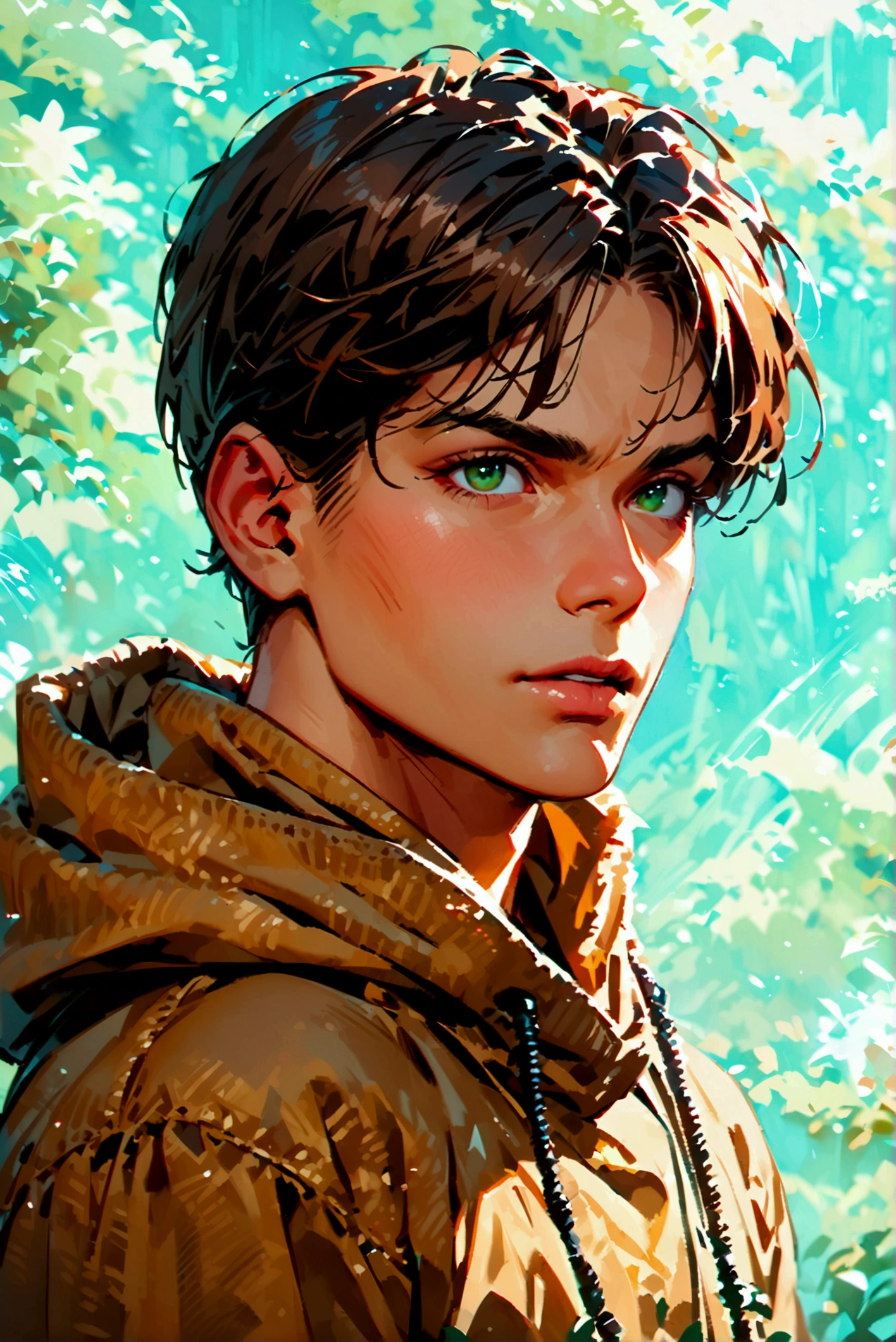 Brown long hairstyle、Handsome man in his 20s（1 male,Ellen Yeager）Green Eyes,Attack on Titan,（He is wearing a beige T-shirt with a long hoodie over it.）,(masterpiece:1.3),(Highest quality:1.4),(Very detailedな:1.5),High resolution,Very detailed,unity 8k wallpaper,Decadent,Wind,Achieve smooth design