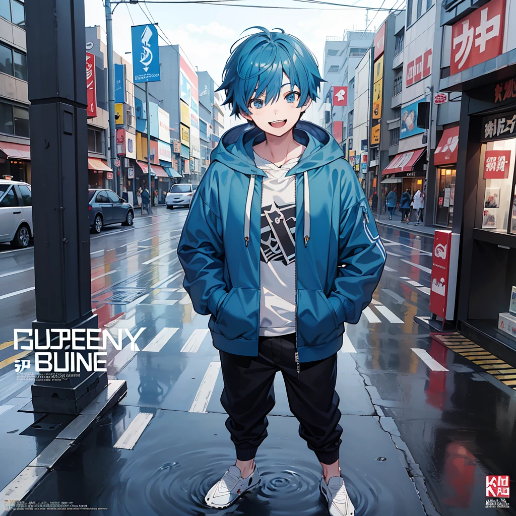 masterpiece, best quality, full body, (1boy), (Wearing a blue shark tail hoodie), (boy smiling shark teeth), (Boy Messy Japanese Round Haircut for Thick Hair), (blue nails), (blue hair), black shorts, ((solo)), (magazine:1.3), (cover-style:1.3),