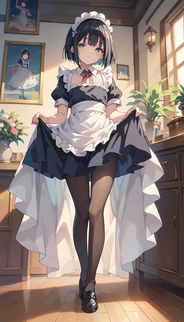 score_9, score_8_up, score_7_up,masterpiece,(bestquality),highlydetailed,ultra-detailed,1 boy, full body, soko, femboy, otokonoko, black hair, bobcut, tiny height, flat chest, maid cloth, maid headdress, loafers, pantyhose