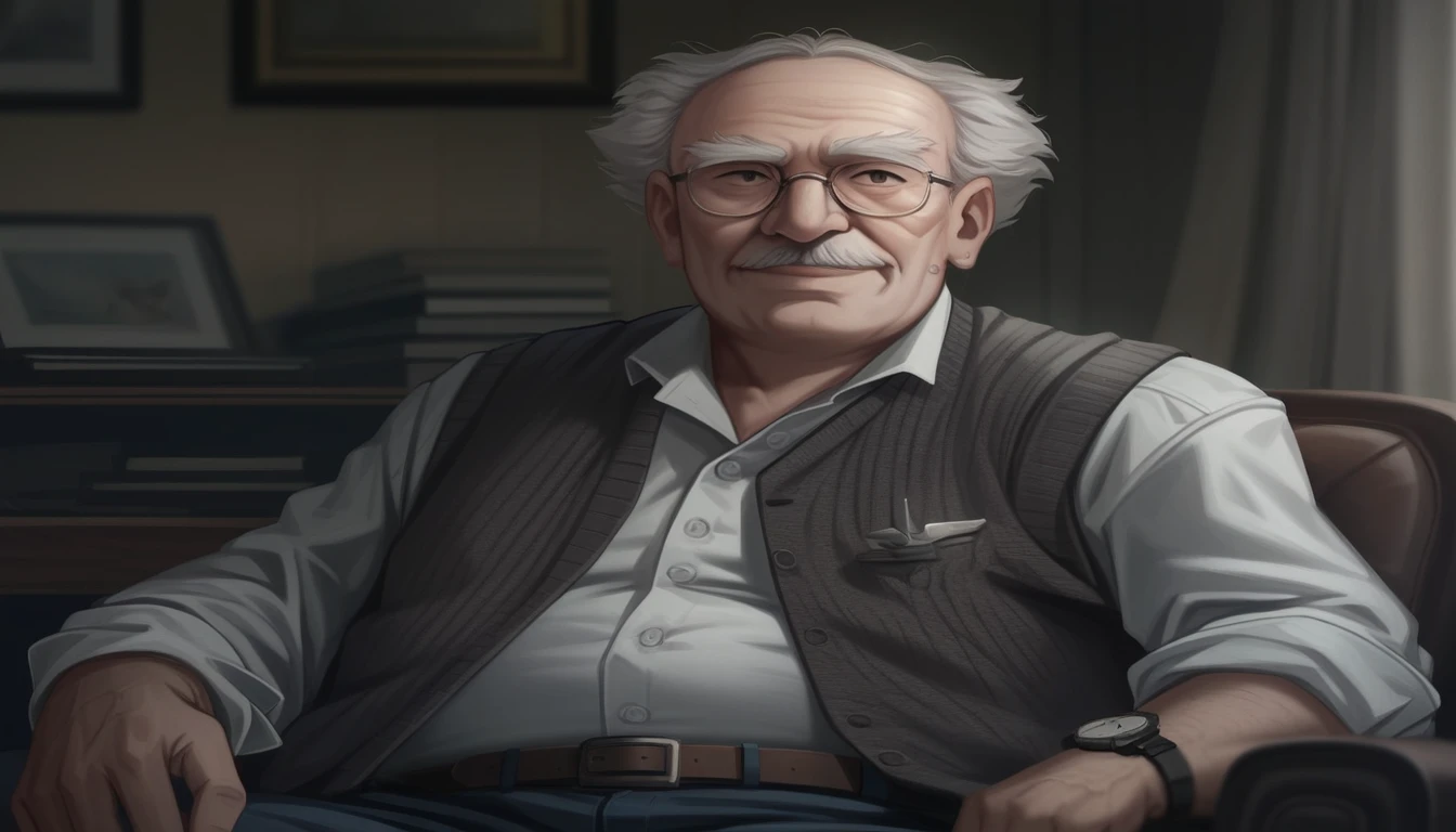 Man sitting in a chair with a watch on his wrist, portrait photo of an old man, cinematic portrait, editorial portrait, old man portrait, high-quality portrait, 50mm portrait, 4k portrait, 60mm portrait, 70mm portrait, portrait of a old, Directed by: Laszlo Balogh