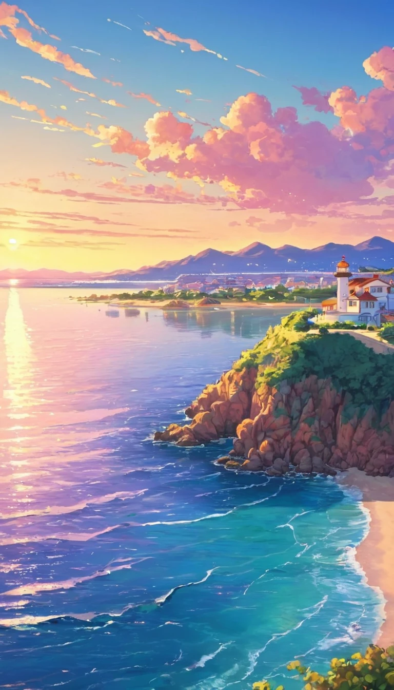 cozy anime landscape with sea, faro, playa, evening