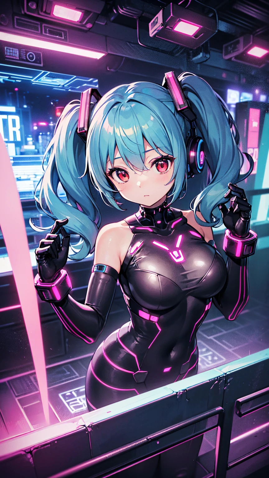 最high quality、Best image quality、masterpiece、Hatsune Miku Vocaloid、Big breasted android girl((18-year-old、red, Glowing black and blue cyber suit、Best Bust、Bust 90、Twin tails、red Eyes、Open your chest wide、valley、happiness、thin、Expressionless、))high quality、Beautiful art、background((Metro City、cyber punk、Nightclub、Cyber World))、Tabletop、Exquisite design、Visual Arts、