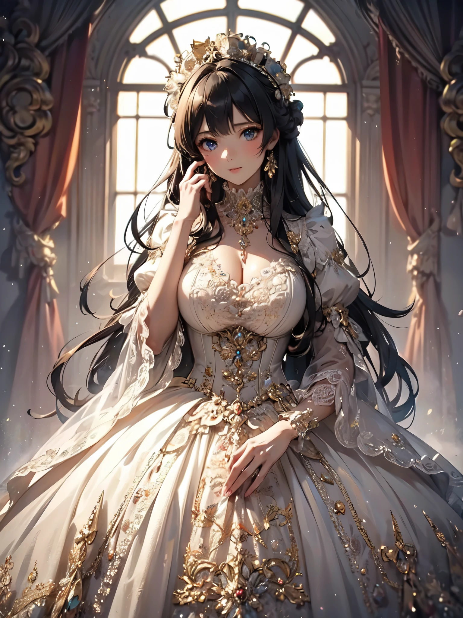 (((Ultra gorgeous beautiful dress is rococo victorian gown with hoopskirt and long hems))), (solo lady :1.2:huge breasts:1.2), (Expressive hair:1.1:very voluminous and very long hair:1.1), bangs, (cowboy shot:1.1), (super delicate face:1.3:masterpiece:1.3:ultra detailed:1.3:an extremely delicate and beautiful:1.2:unity 16k wallpaper:1.1), (moe anime art style:1.1),