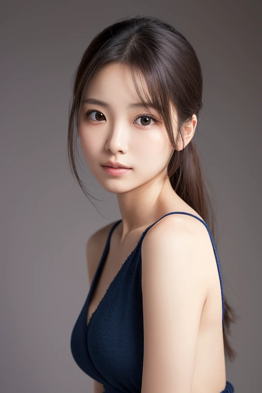 (Highly realistic photos, High resolution), Skinny Japanese woman, 30 years old, Cute face, Detailed face, Fine grain, Mr.々Hair style, Thin body type, correct body anatomy, ((Look straight ahead)), Facing the camera directly, A single photo, Photographs capturing the perfect moment of beauty and intelligence, ((With a simple background))、Dignified