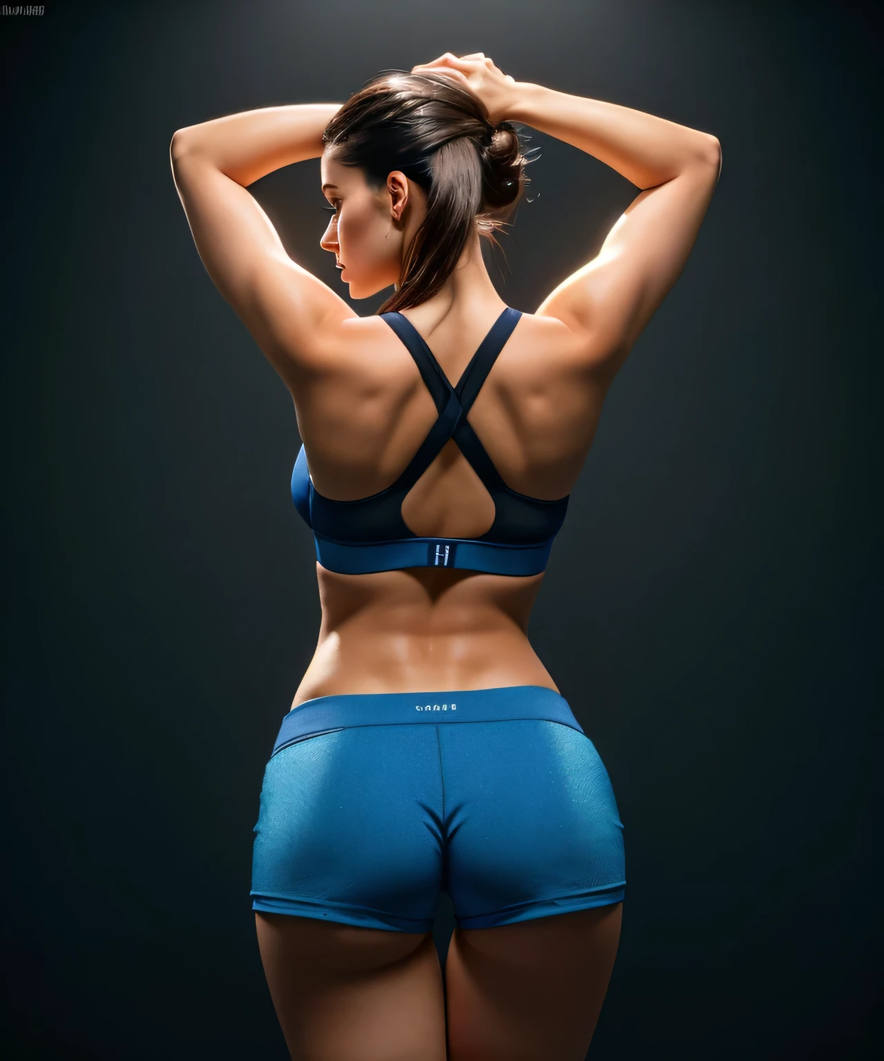 The image shows a woman from behind, facing away from the camera. She is wearing a blue sports bra and short, tight gray shorts. His arms are raised above his head, possibly in a stretching or celebratory pose, back pose, back shot, showing shoulder from behind, seen from back, hunched shoulders, from back, hunched over pose, seen from behind, waist reaching ponytail, lower back, hunched posture, Woman in good physical shape, fitness woman. The background is nondescript, featuring a black curtain that contrasts with the woman's attire.
Woman, ((Masterpiece, best quality)), full body view, detailed skin, highly detailed, cinematic lighting, ultra realistic, dark brown hair, medium hair, portrait, full body view, contrast, close-up, cinematic light, ultra-high resolution, RAW.
Woman with white skin and dark brown hair. She is around 40 years old, 165 cm tall and weighs 56 kg. She has a perfect mouth, a perfect face. Her body exudes glamor and her face is a definition of beauty. Slender body, thin waist. Highly realistic, hyperrealism, very elaborate skin, perfect face. Clear Photo, High Resolution, High Quality, Masterpiece, 16K Photo, High Contrast, Masterpiece, Nude, Nude, NSFW