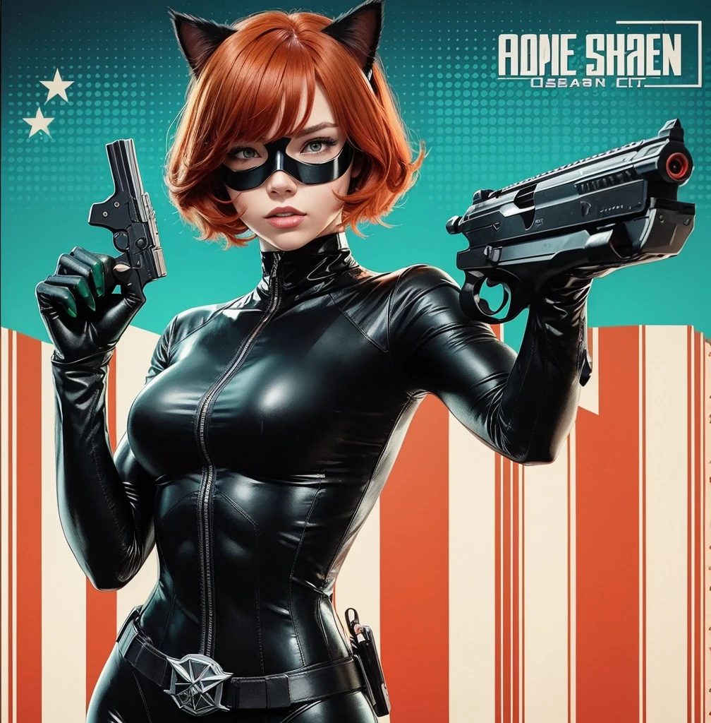 American classic comics: Agent woman, short reddish orange red hair with bangs, cat ears, tight black agent spy outfit, black hero mask, black tight leggings, neon turquoise green nails, martial arts, holding a revolver, secret espionage, black window outfit, feline nails, super secret agent, super hero classic comics.