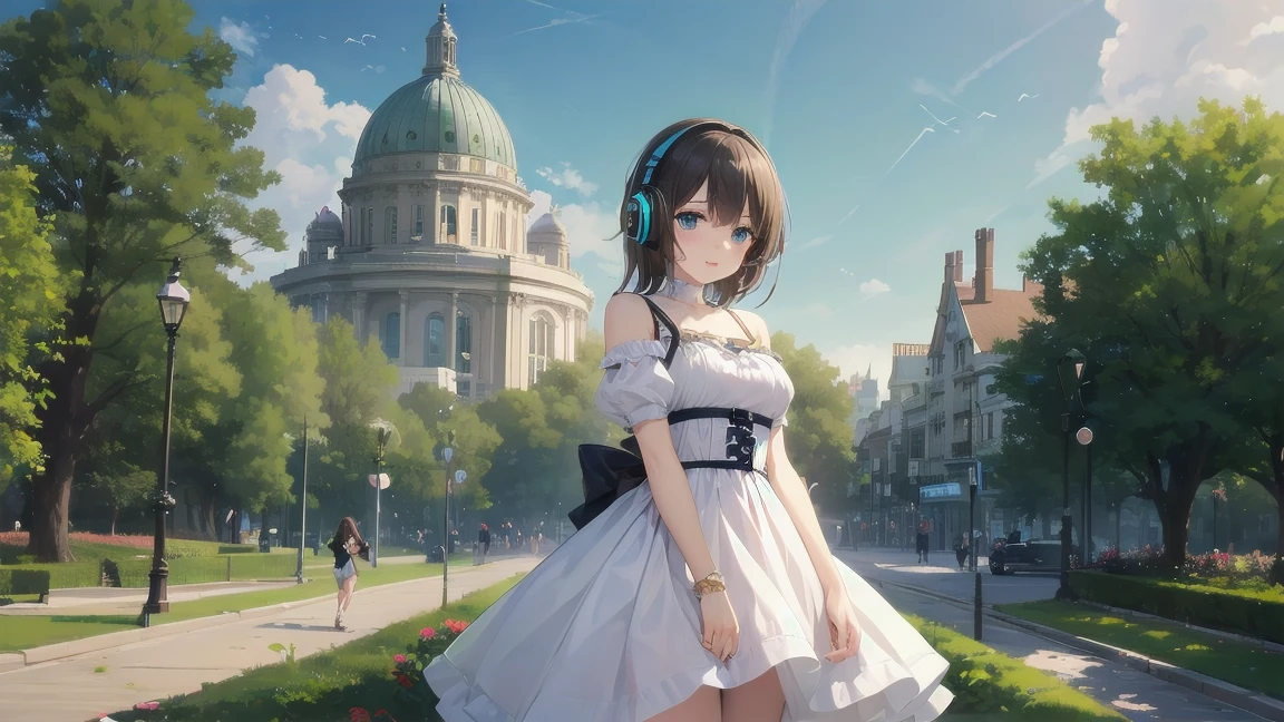 Highest quality, Super quality, 16K, Incredibly absurd, Very detailed, 2.5D, Delicate and dynamic depiction,people、Cute girl with headphones、Beautiful green park