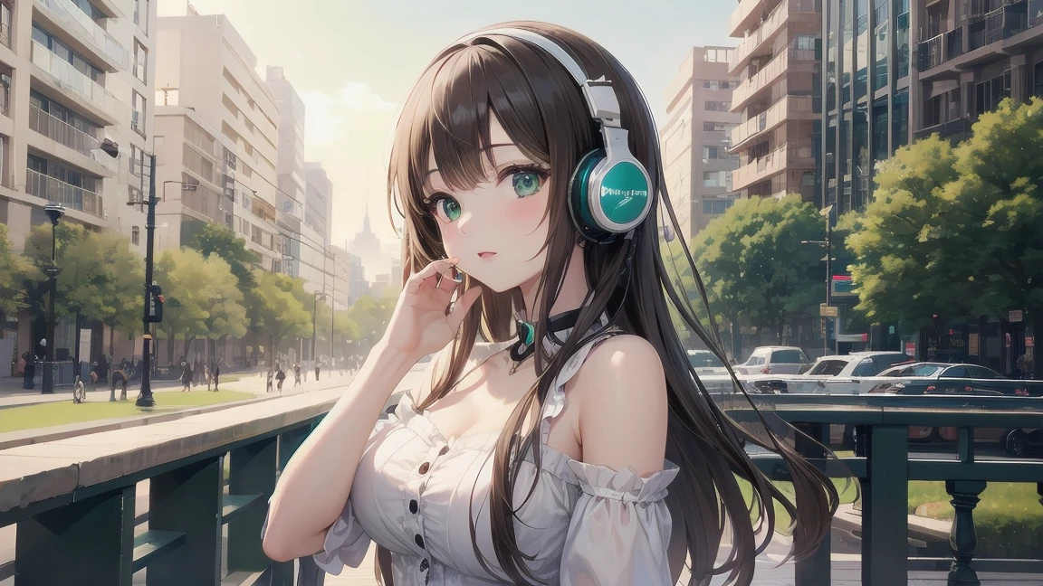 Highest quality, Super quality, 16K, Incredibly absurd, Very detailed, 2.5D, Delicate and dynamic depiction,people、Cute girl with headphones、Beautiful green park