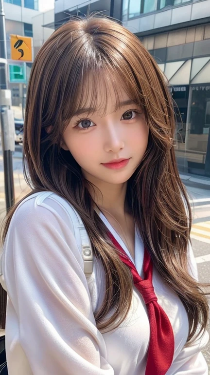(8K,masterpiece, RAW Photos,Highest quality:1.4),(Photo Real:1.2),(extremely Detailed face),(Shiny skin),(Detailed skin),(Detailed face),(Very beautiful face),One girl,View your viewers,Japanese Idols(actress), Brown Hair,Medium Hair,Straight hair,Asymmetrical bangs,smile,Glamour,Big Breasts, (school uniform, Sailor suit:1.2), street ,High position,Natural light