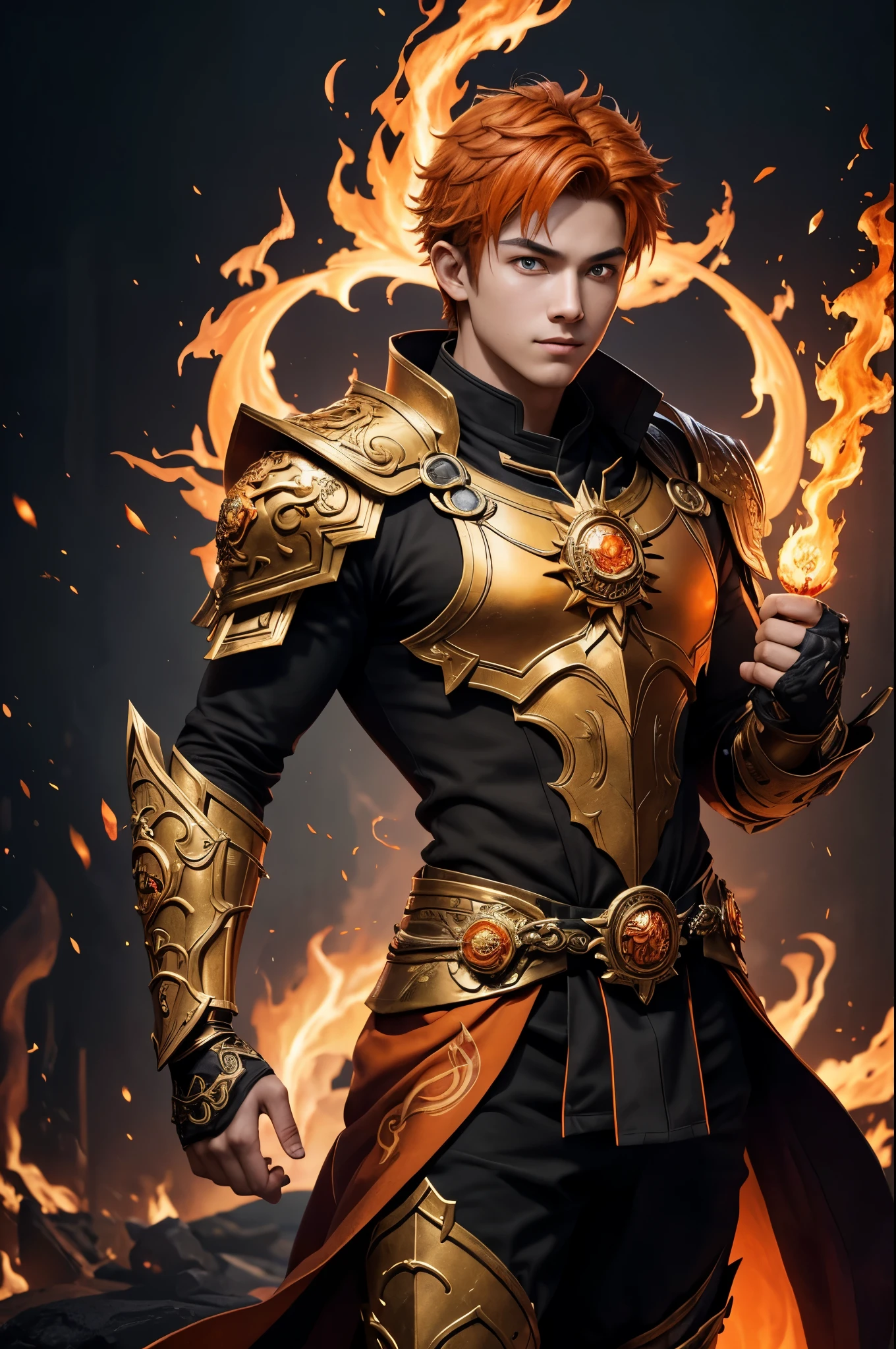8K,A very young boy, the God of Fire, clothed in the energy of a 16-year-old.,Super handsome(Like the real thing),He looks at the audience with a fearless smile.,Orange Hair,Orange Flame Armor(Fire God Crest),Orange Flame Gauntlet(Fire God Crest),Orange Flame Leg Guards(Fire God Crest),Dark and desolate land,Photorealistic RAW photos of the highest quality。Bright colors,Rich colors, Backlight, Cinema Lighting, Film Grain, 50mm lens, Nikon D850,Realistic Skin,Fantasy art,Character Art,Ultra-high resolution,Realistic Skin,Extremely strong and defined abs,bulging muscles,A 16-year-old boy who is the god of fire,Golden Eyes,Black Flame God Outfit(Orange flame emblem filigree),