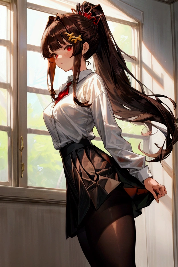 , 1girl, masterpiece, long hair, ponytail, medium breasts, anime, , anime screencap, indoors, long bangs, hair ornament, white shirt, black pantyhose, black skirt, red eyes, dark brown hair, thighs, intricate shirt, standing, best quality, sunlight, beauty, 1girl.