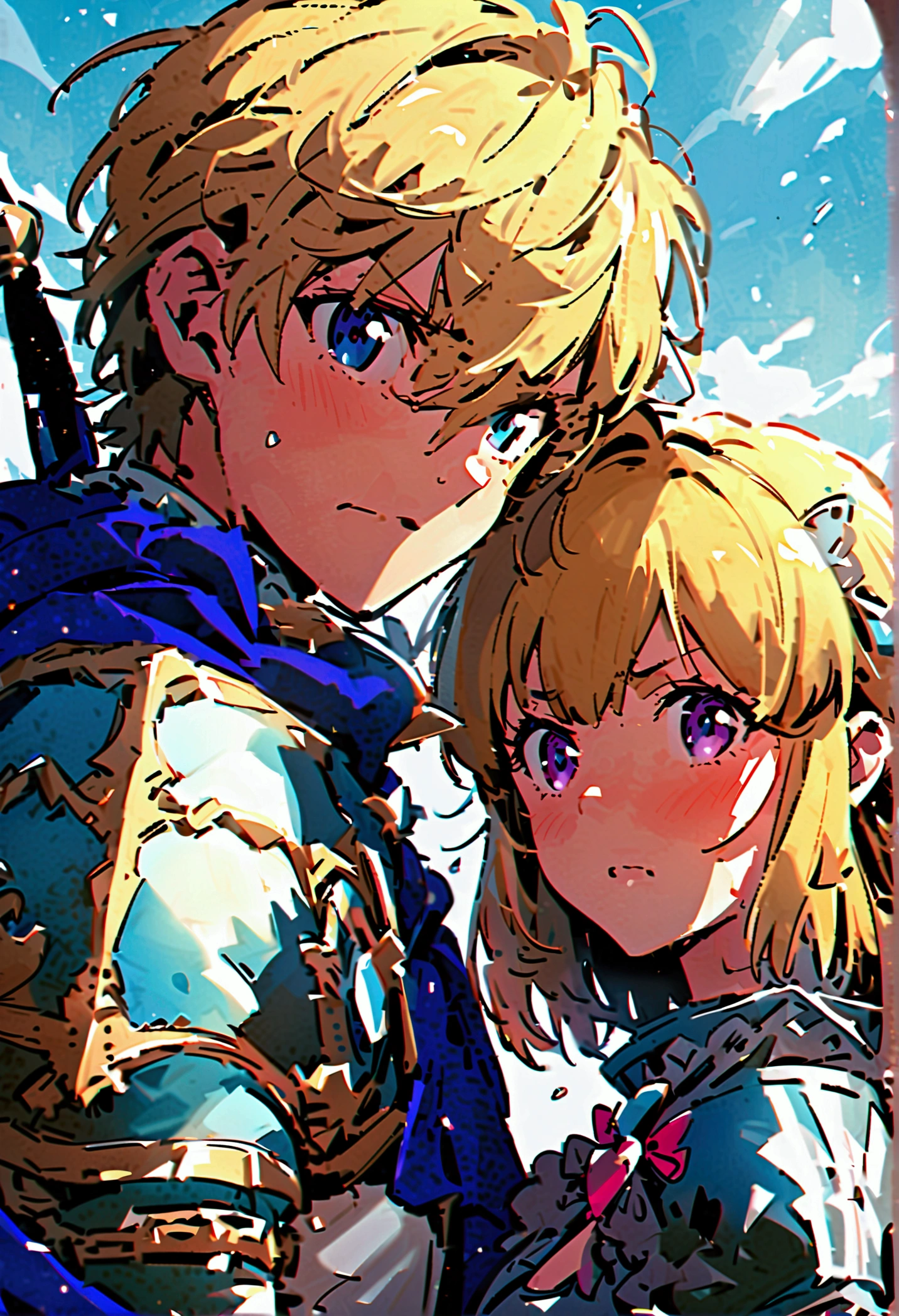 Two people、Boy and Girl、Blond hair, blue eyed boy、Knight Boy、Black haired purple eyed girl、Magical Girl、A boy covering his mouth with the back of his hand in embarrassment、Girl staring at boy