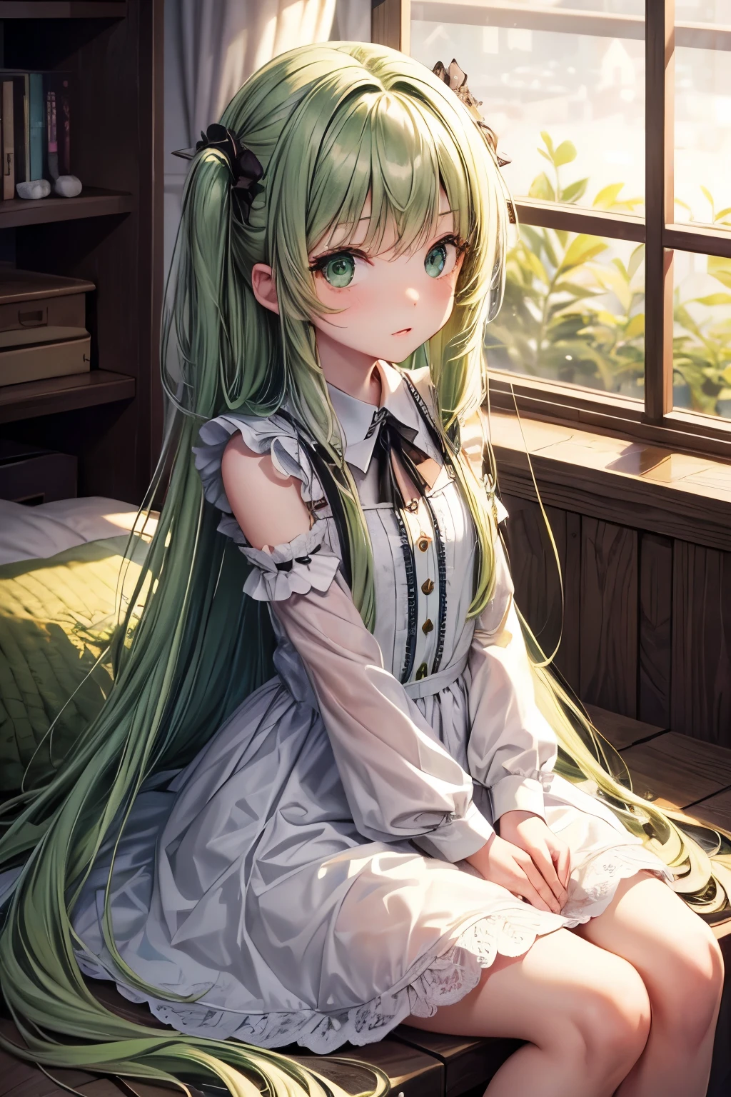 Long green hair,green eyes,loli,little girl,dress