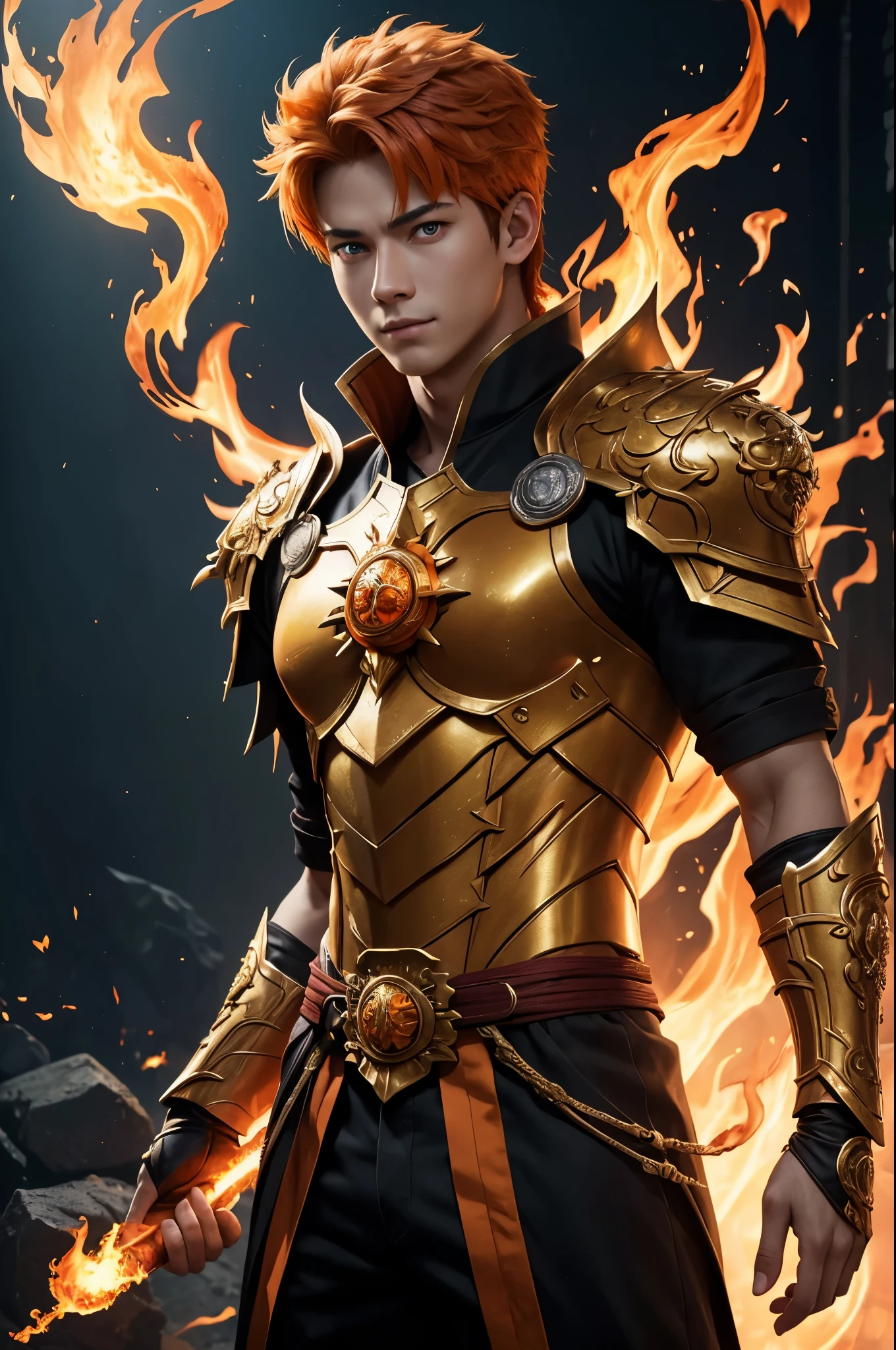 8K,A very young boy, the God of Fire, clothed in the energy of a 16-year-old.,Super handsome(Like the real thing),He looks at the audience with a fearless smile.,Orange Hair,Orange Flame Armor(Fire God Crest),Orange Flame Gauntlet(Fire God Crest),Orange Flame Leg Guards(Fire God Crest),Dark and desolate land,Photorealistic RAW photos of the highest quality。Bright colors,Rich colors, Backlight, Cinema Lighting, Film Grain, 50mm lens, Nikon D850,Realistic Skin,Fantasy art,Character Art,Ultra-high resolution,Realistic Skin,Extremely strong and defined abs,bulging muscles,A 16-year-old boy who is the god of fire,Golden Eyes,Black Flame God Outfit(Orange flame emblem filigree),