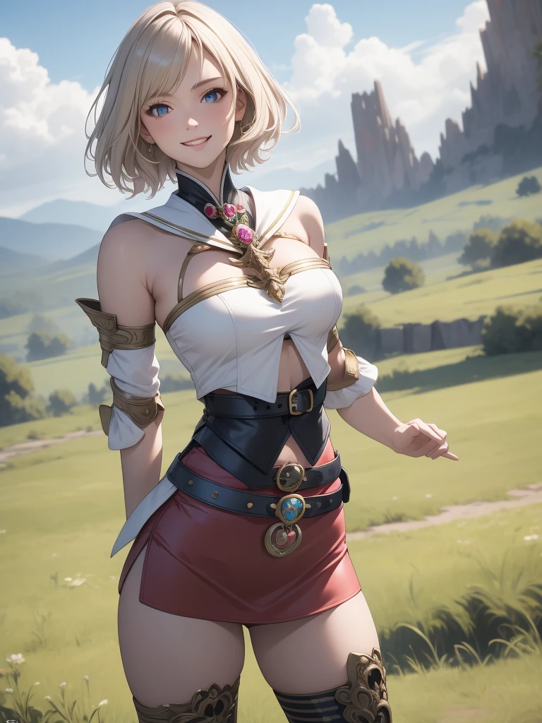 masterpiece, best quality, absurdres, perfect anatomy, 1girl, solo, Ashelia, short hair, AsheliaOutfit, miniskirt, thighhighs, jewelry, belt, standing, cowboy shot, smile, dynamic pose, dynamic angle, outdoors, plains, hills, (fashion model pose)