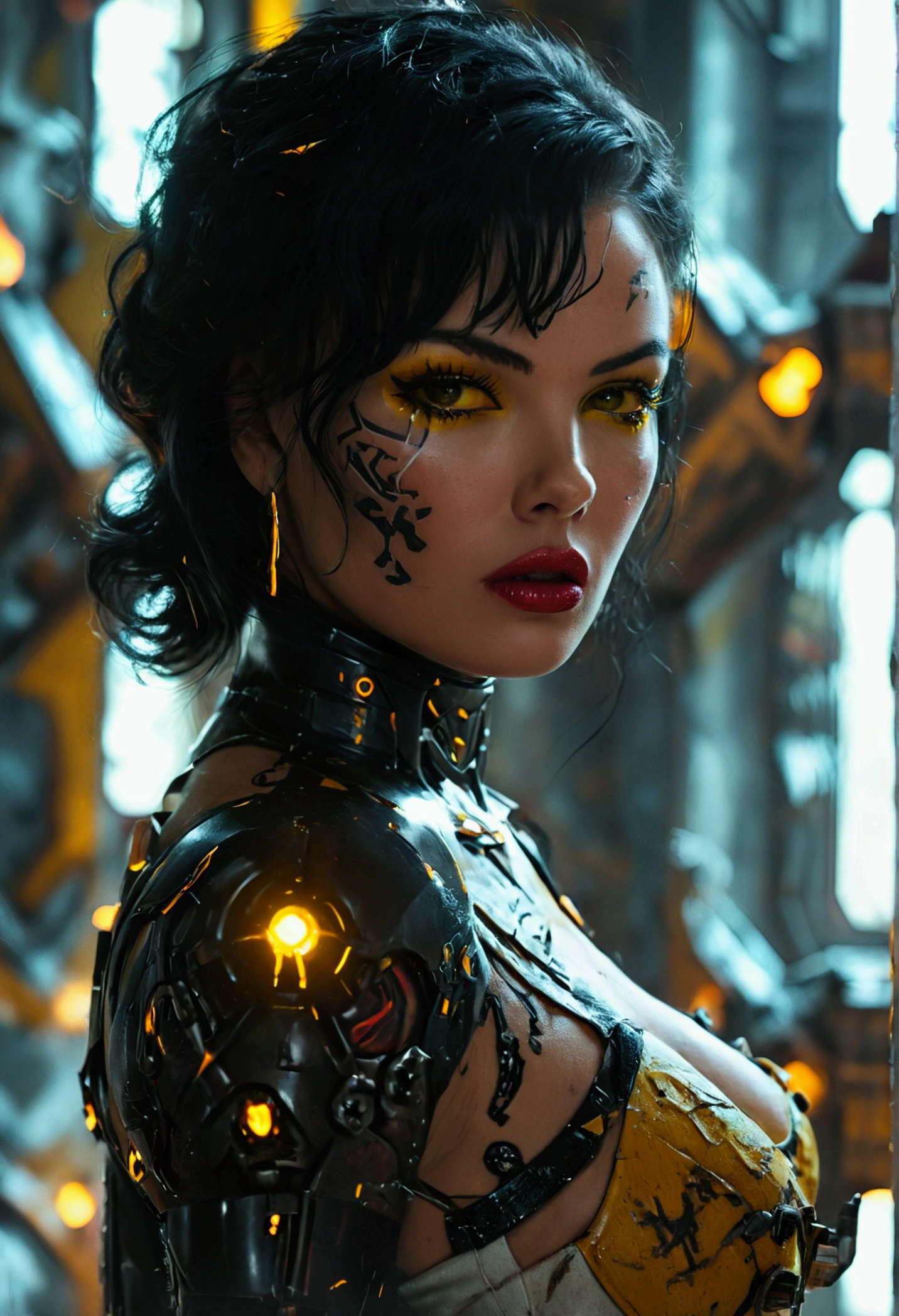 (Jayne Mansfield, age 25, dark sith warrior, evil tattoos, yellow eyes, cybernetics, evil pose), inside a scifi building battle damage on walls, broken robots, show all of her, show her from head to toe, full body portrait, (best quality,4k,8k,highres,masterpiece:1.2),ultra-detailed,(realistic,photorealistic,photo-realistic:1.37),cinematic lighting,dramatic lighting,chiaroscuro,dark moody atmosphere,sinister,menacing,evil,powerful,imposing,dramatic,epic
